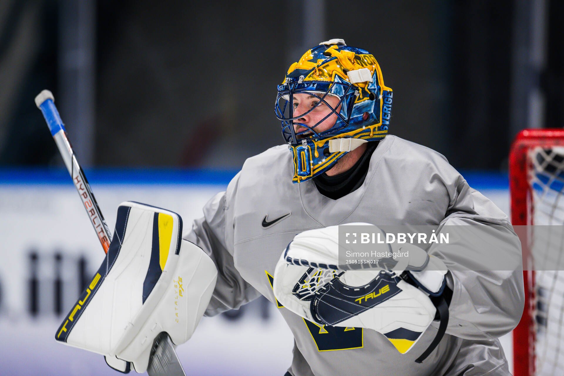 Goaltender Samuel Ersson of Sweden at a practice session