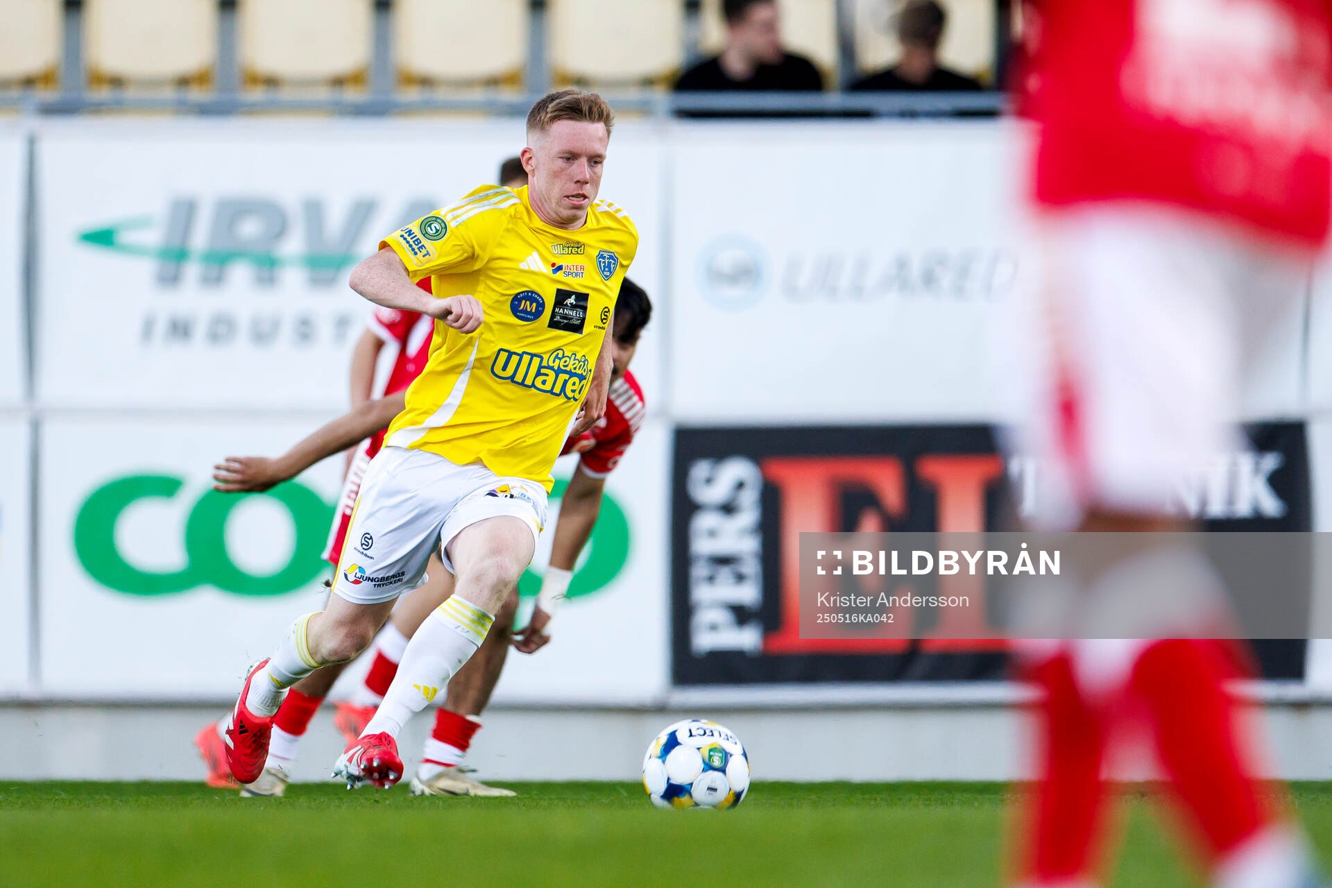 Falkenbergs Lucas Sibelius under fotbollsmatchen i Superettan mellan Falkenberg och Kalmar den 16 maj 2025 i Falkenberg. 