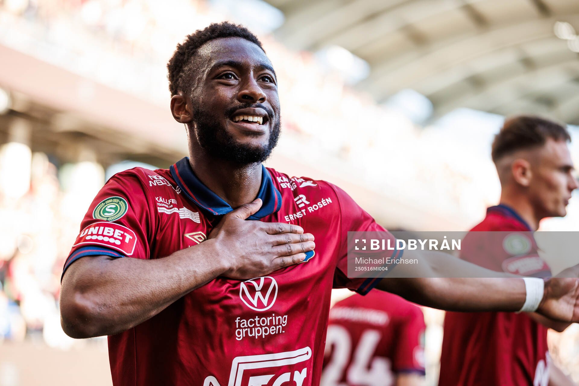 Örgrytes Haladj-Madiou Keita jublar efter 1-0 under fotbollsmatchen i Superettan mellan Örgryte och Varberg den 16 maj 2025 i Göteborg. 