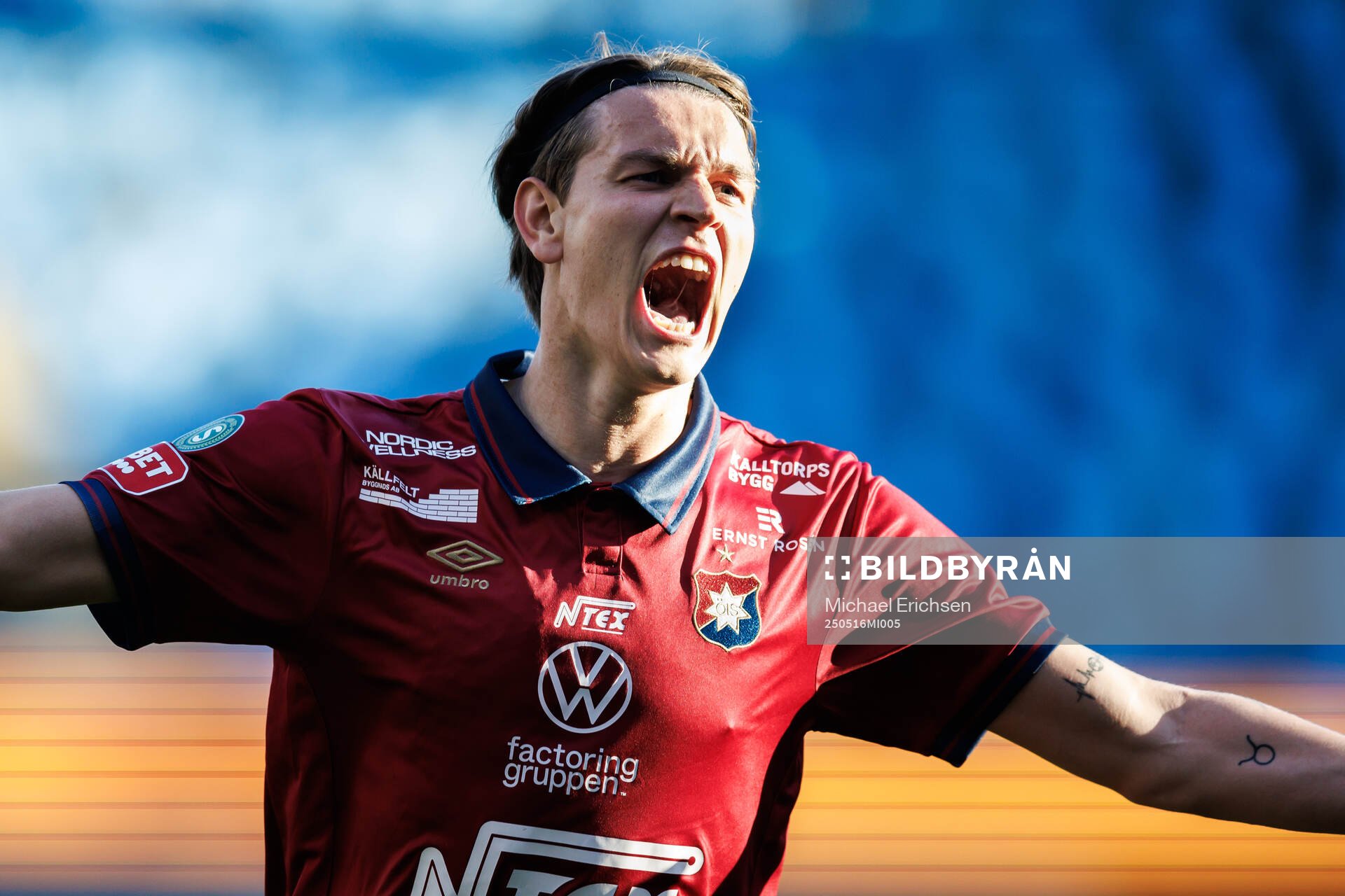 Örgrytes Noah Christoffersson jublar efter 2-0 under fotbollsmatchen i Superettan mellan Örgryte och Varberg den 16 maj 2025 i Göteborg. 