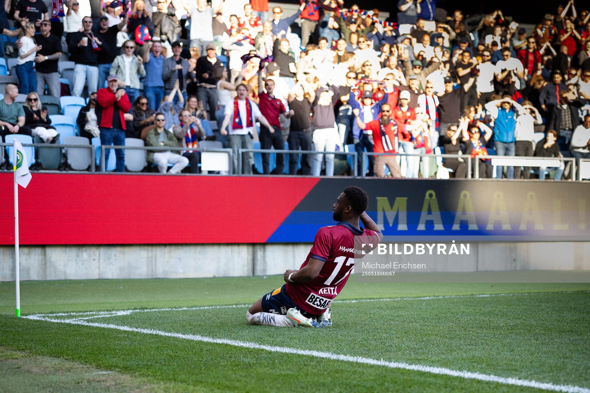 Örgrytes Haladj-Madiou Keita jublar efter 1-0 under fotbollsmatchen i Superettan mellan Örgryte och Varberg den 16 maj 2025 i Göteborg. 
