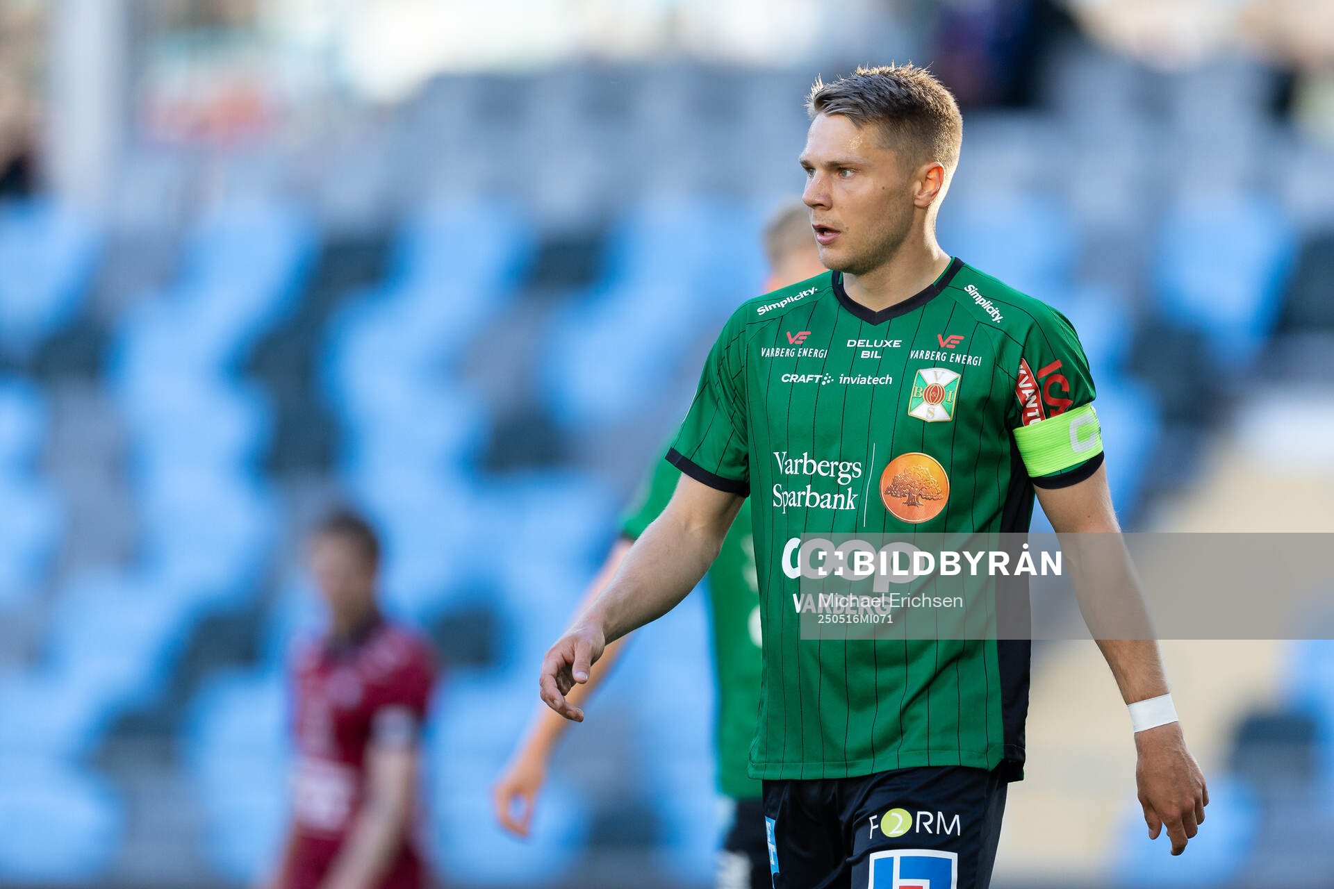Varbergs Gustav Broman under fotbollsmatchen i Superettan mellan Örgryte och Varberg den 16 maj 2025 i Göteborg. 