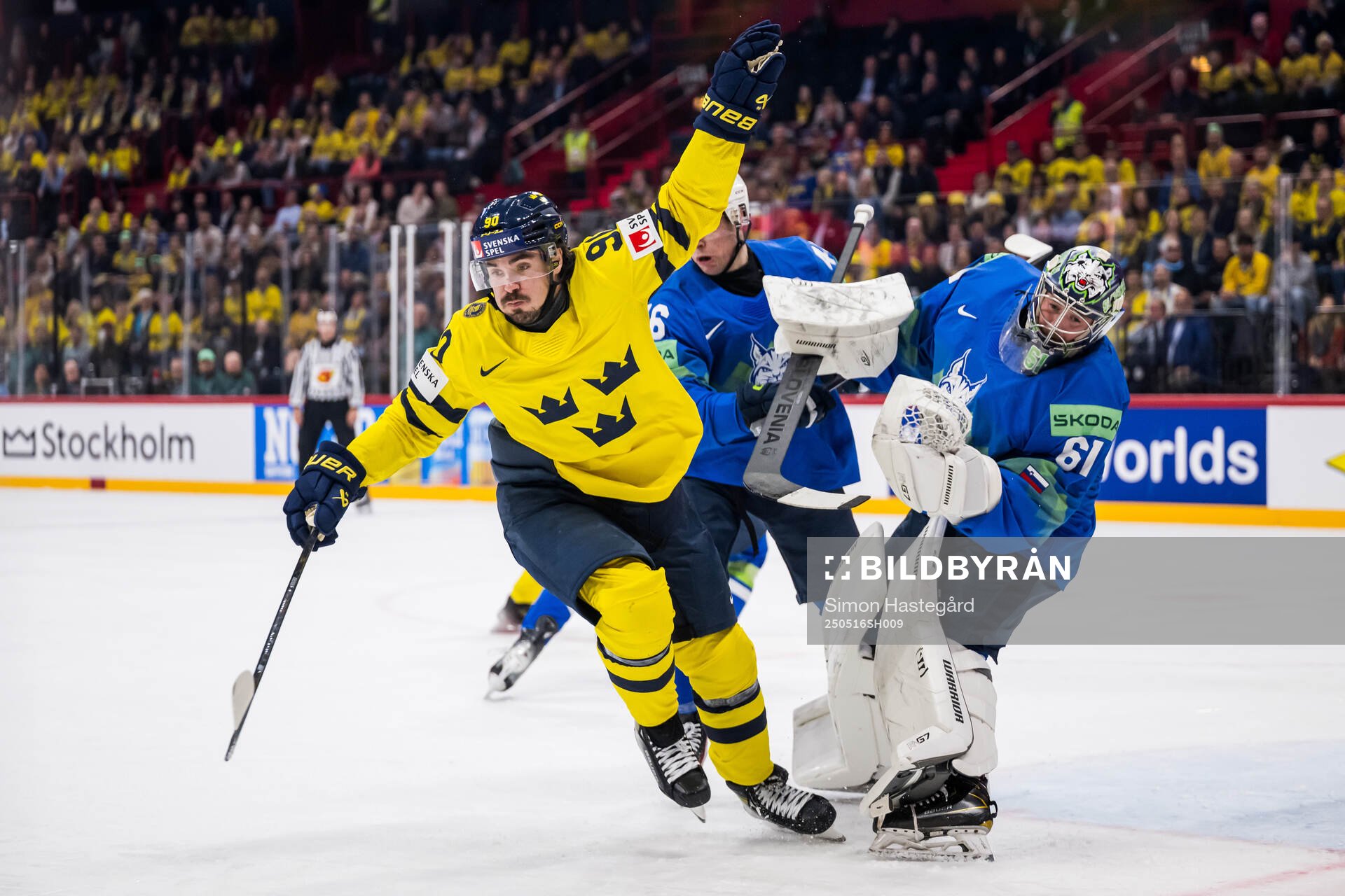 Marcus Johansson of Sweden and goaltender Lukas Horak of