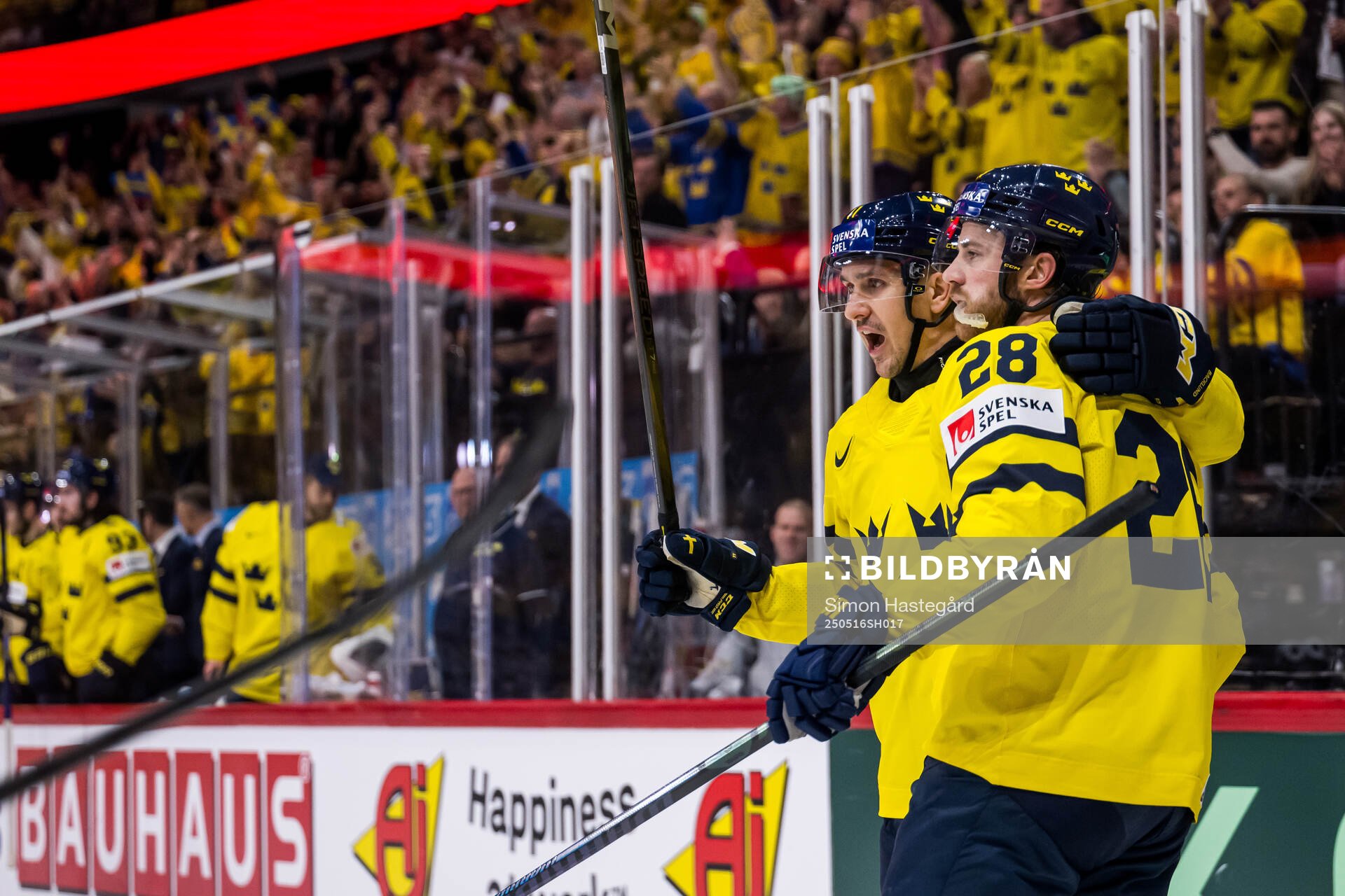 Mikael Backlund and Elias Lindholm celebrate