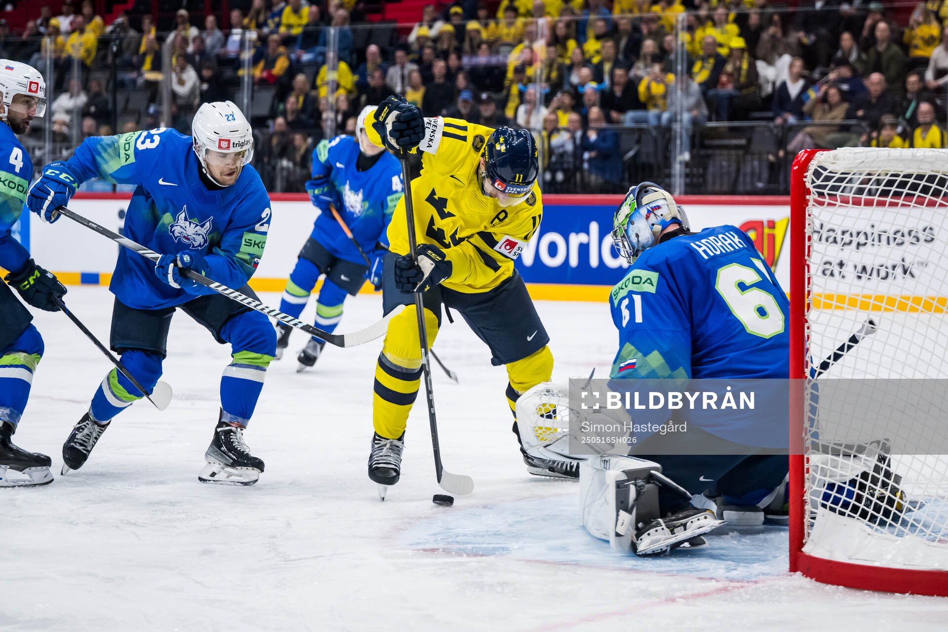 Mikael Backlund of Sweden and goaltender Lukas Horak of
