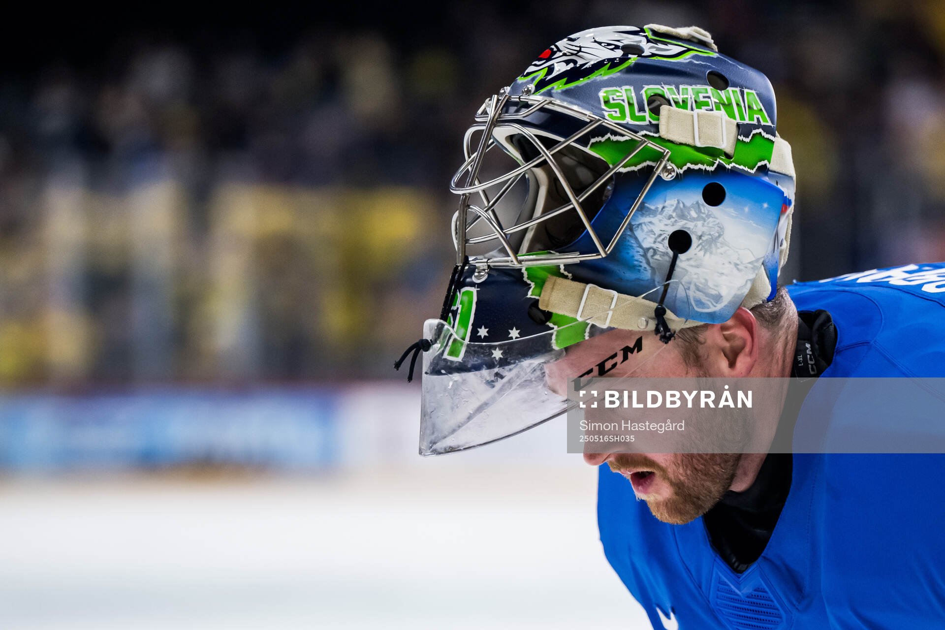 Goaltender Lukas Horak of Slovenia looks dejected