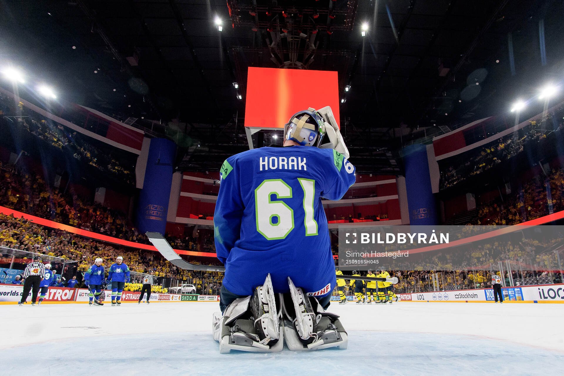 Goaltender Lukas Horak of Slovenia look dejected