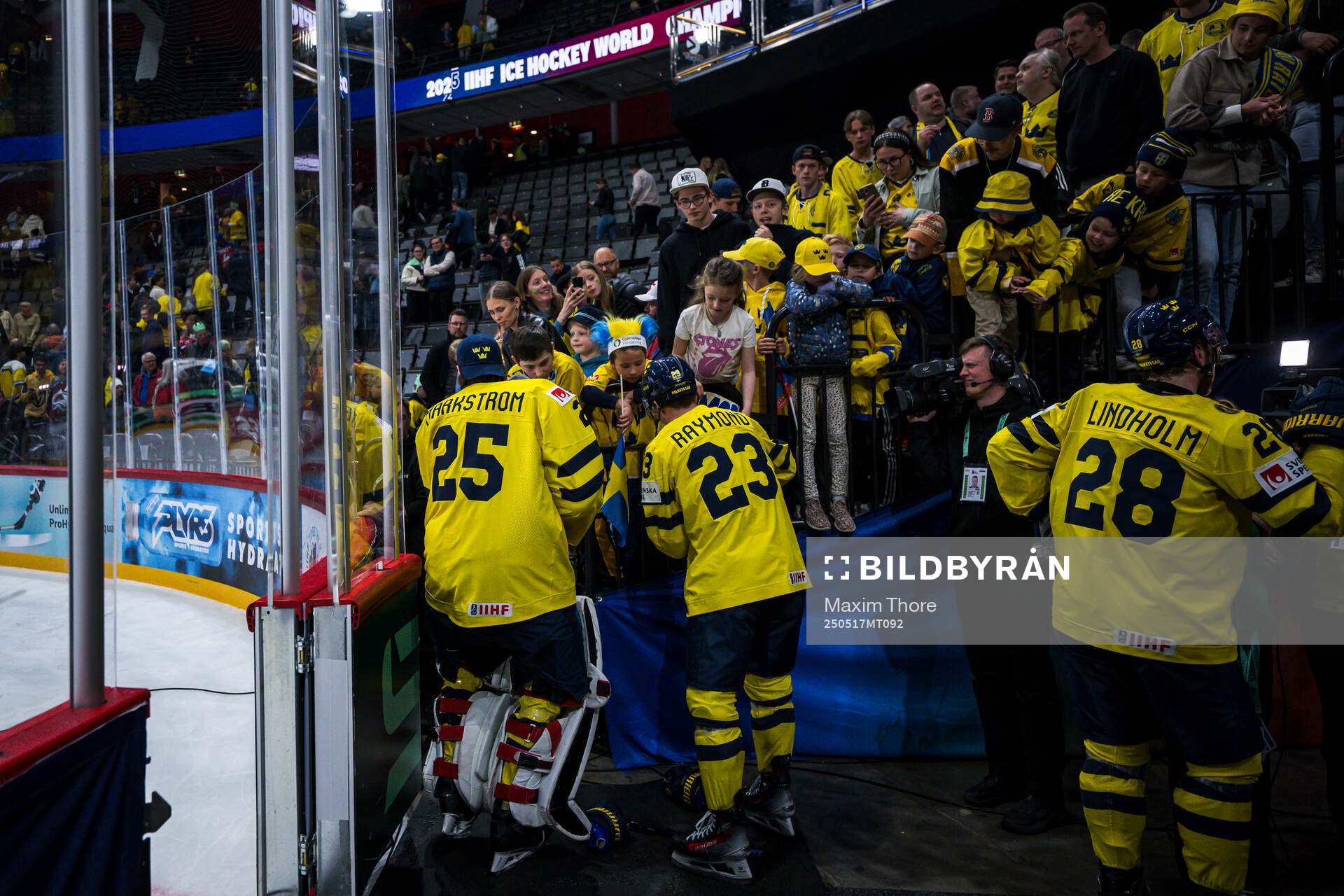 Goaltender Jacob Markström and Lucas Raymond of Sweden