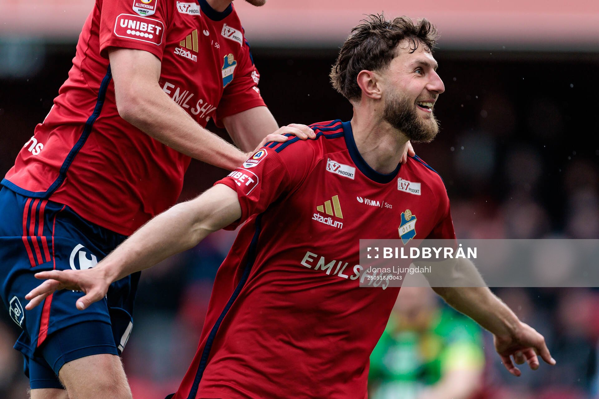 Östers Alibek Aliev jublar efter 1-0 under fotbollsmatchen i Allsvenskan mellan Öster och GAIS den 18 maj 2025 i Växjö. 