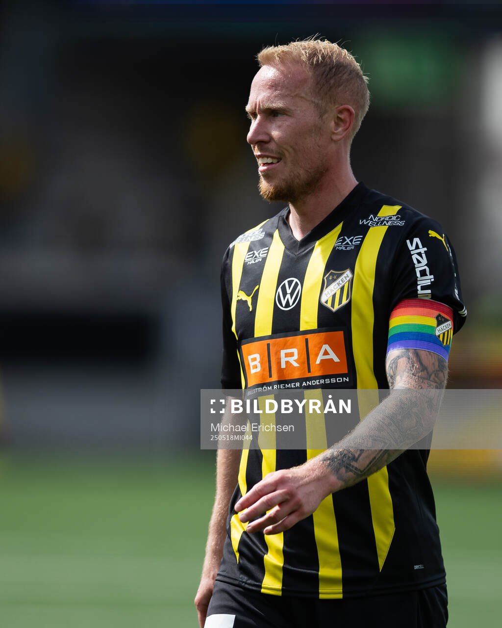 Häckens Mikkel Rygaard Jensen under fotbollsmatchen i Allsvenskan mellan Häcken och Värnamo den 18 maj 2025 i Göteborg. 