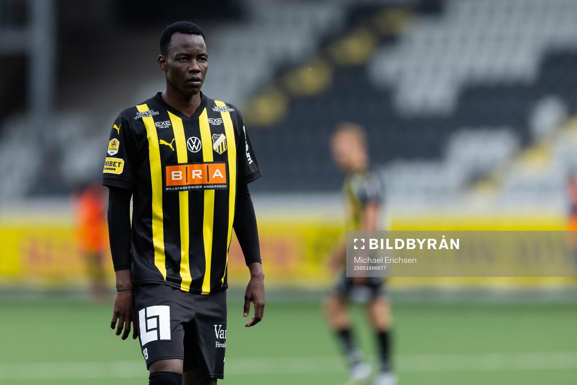 Häckens John Paul Dembe under fotbollsmatchen i Allsvenskan mellan Häcken och Värnamo den 18 maj 2025 i Göteborg. 