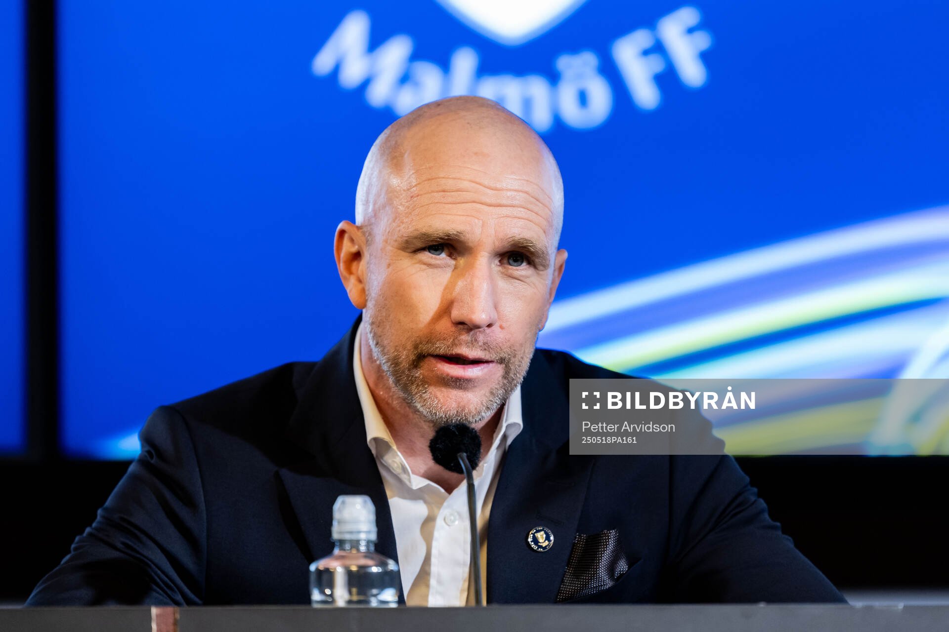 Malmö FFs tränare Henrik Rydström under presskonferensen efter fotbollsmatchen i Allsvenskan mellan Malmö FF och Halmstad den 18 maj 2025 i Malmö.