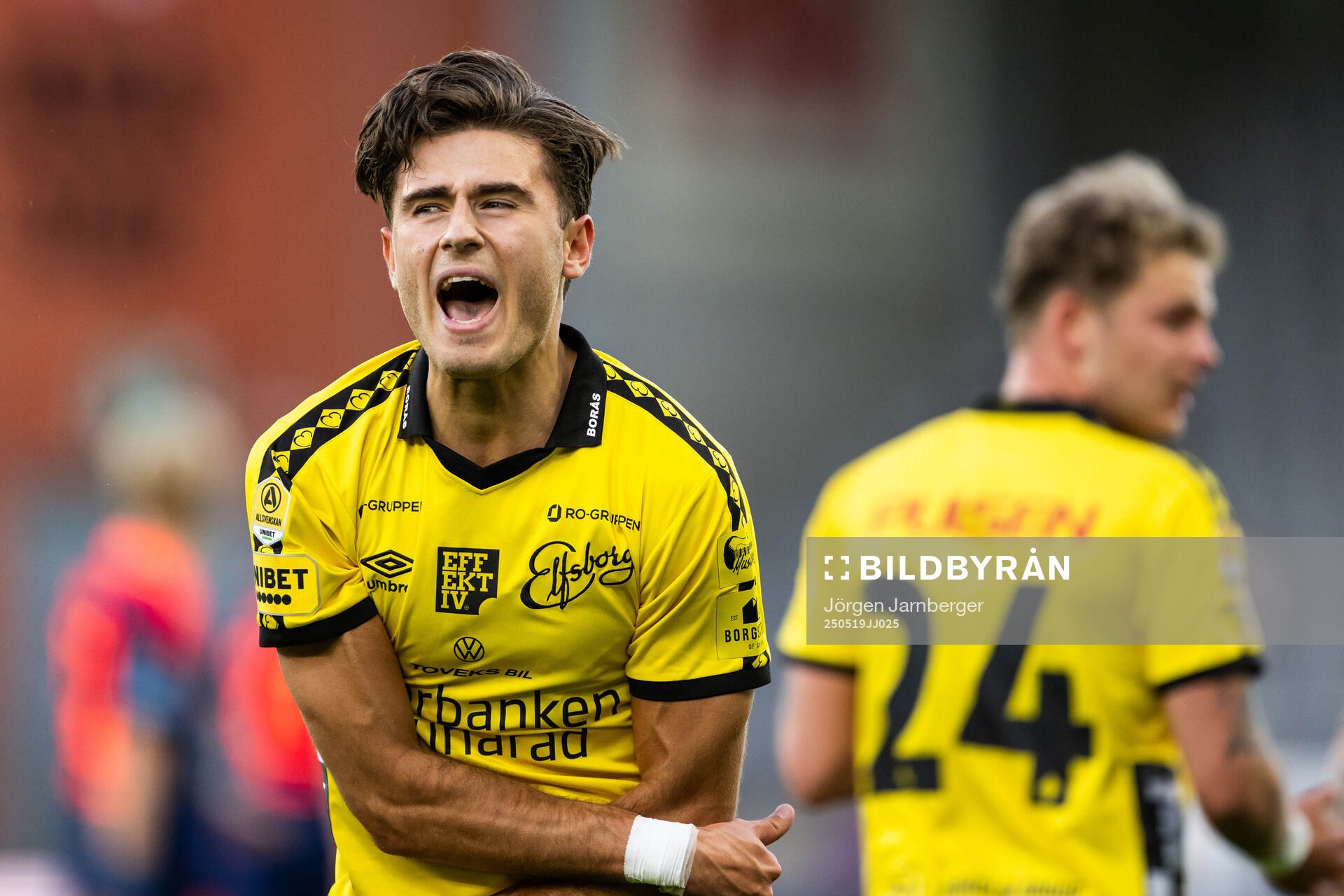 Elfsborgs Besfort Zeneli efter 3-0 under fotbollsmatchen i Allsvenskan mellan Elfsborg och Djurgården den 19 maj 2025 i Borås. 