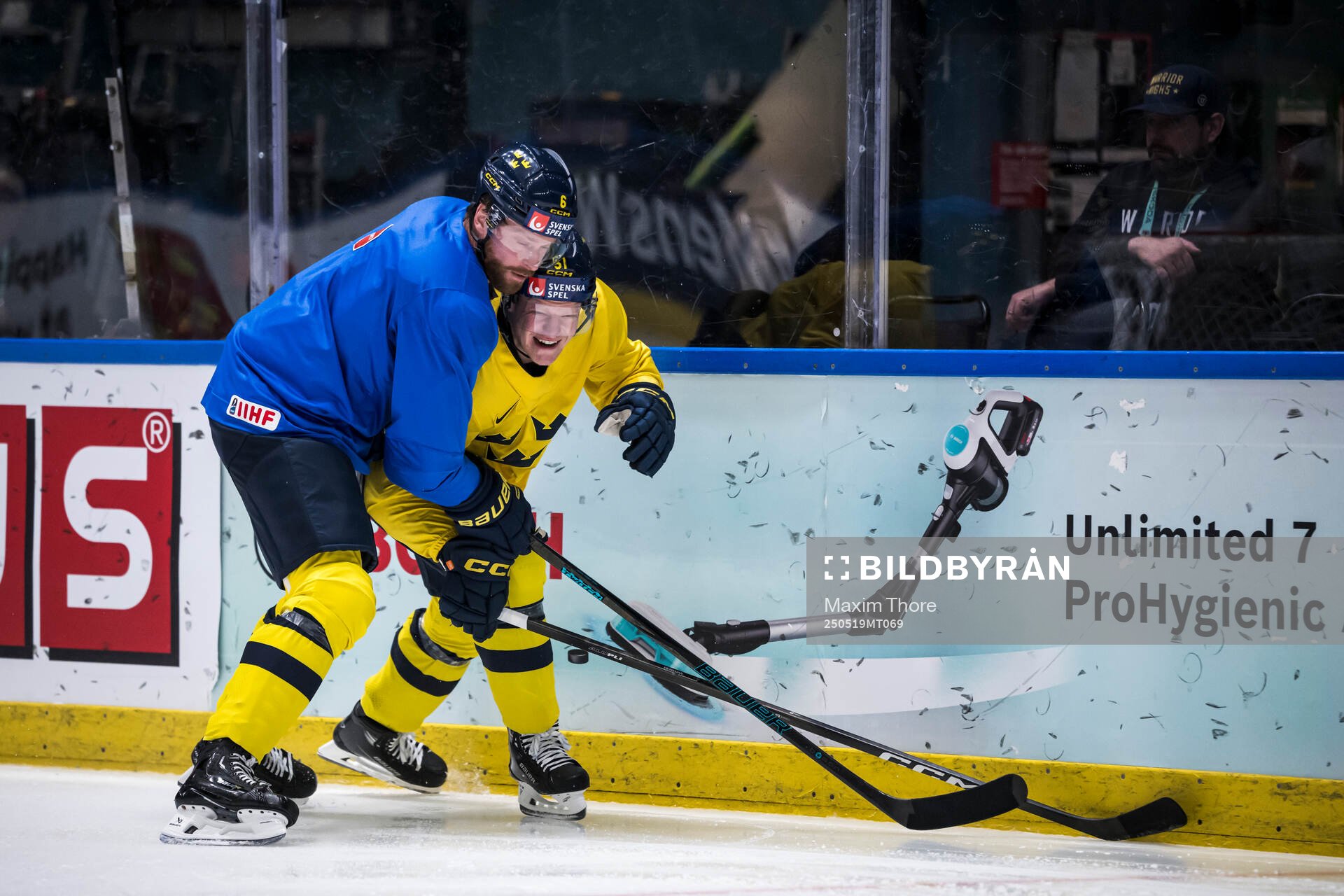 Adam Larsson and Emil Heineman of Sweden at a practice