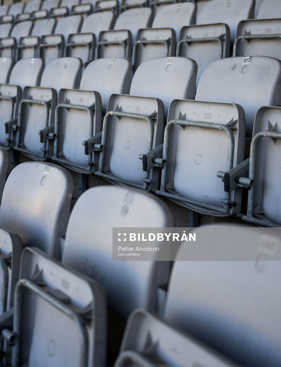 Läktarstolar på Landskrona IP inför fotbollsmatchen i Superettan mellan Landskrona och Helsingborg den 19 maj 2025 i Landskrona. 