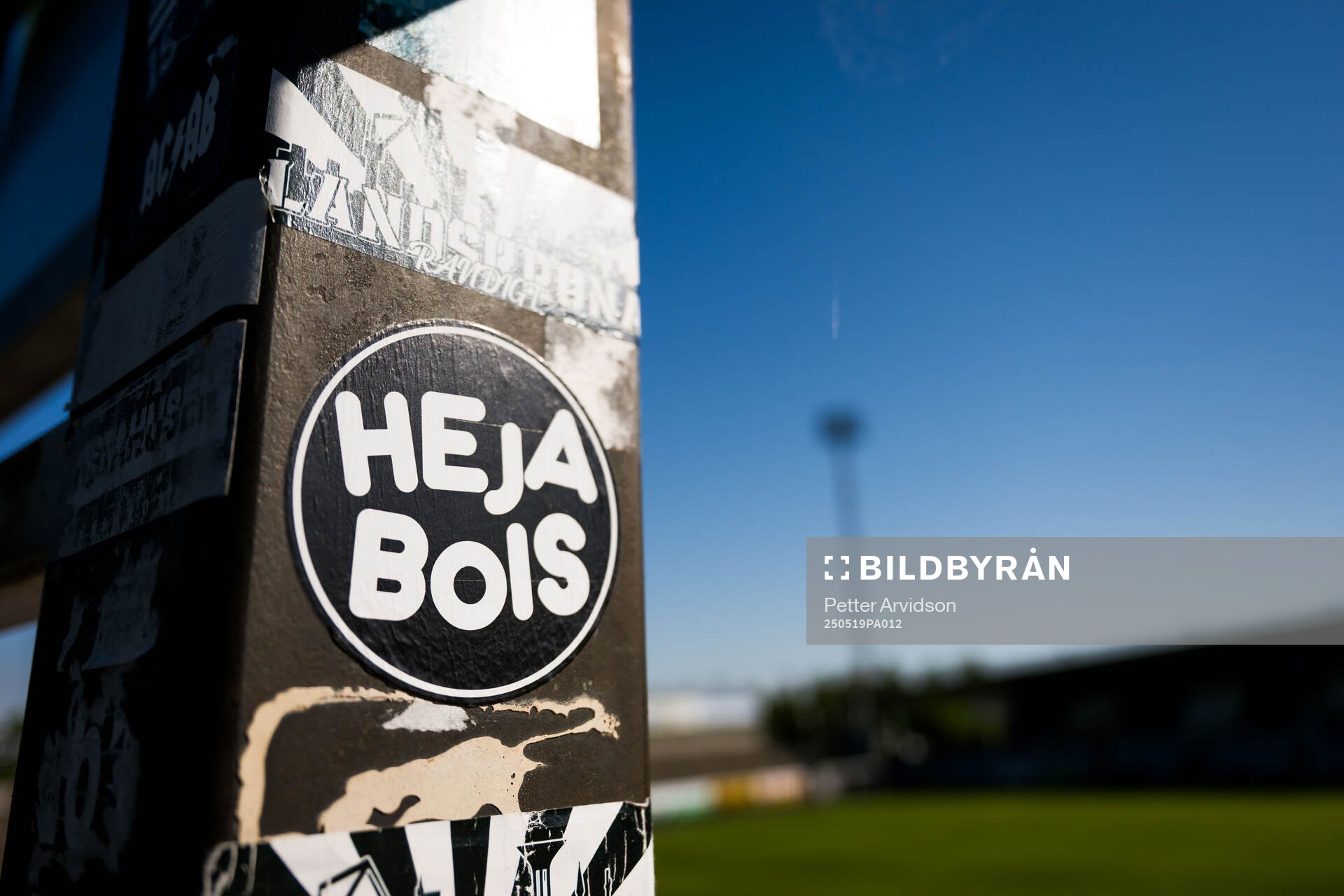Klistermärken på Landskrona IP inför fotbollsmatchen i Superettan mellan Landskrona och Helsingborg den 19 maj 2025 i Landskrona. 