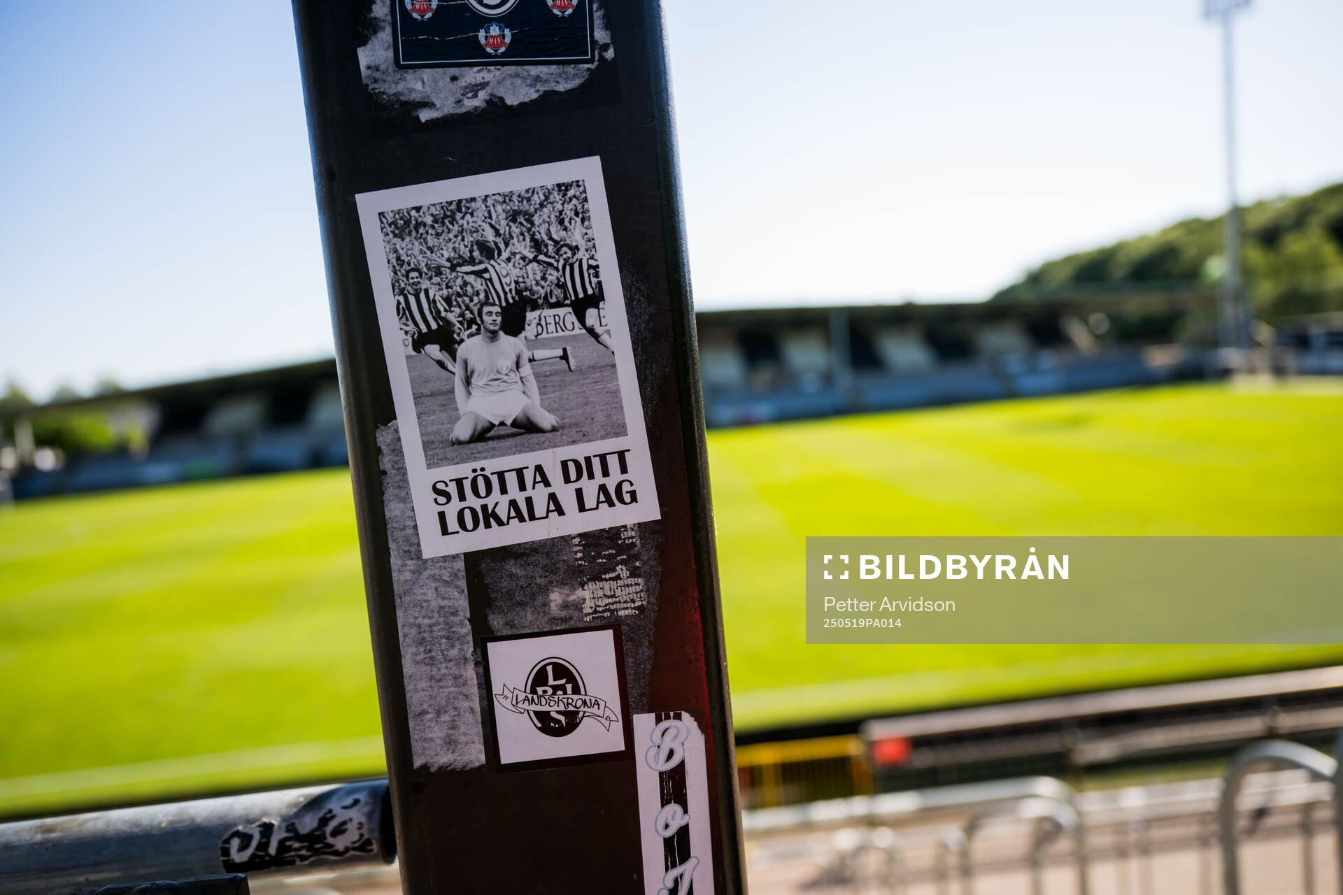 Klistermärken på Landskrona IP inför fotbollsmatchen i Superettan mellan Landskrona och Helsingborg den 19 maj 2025 i Landskrona. 