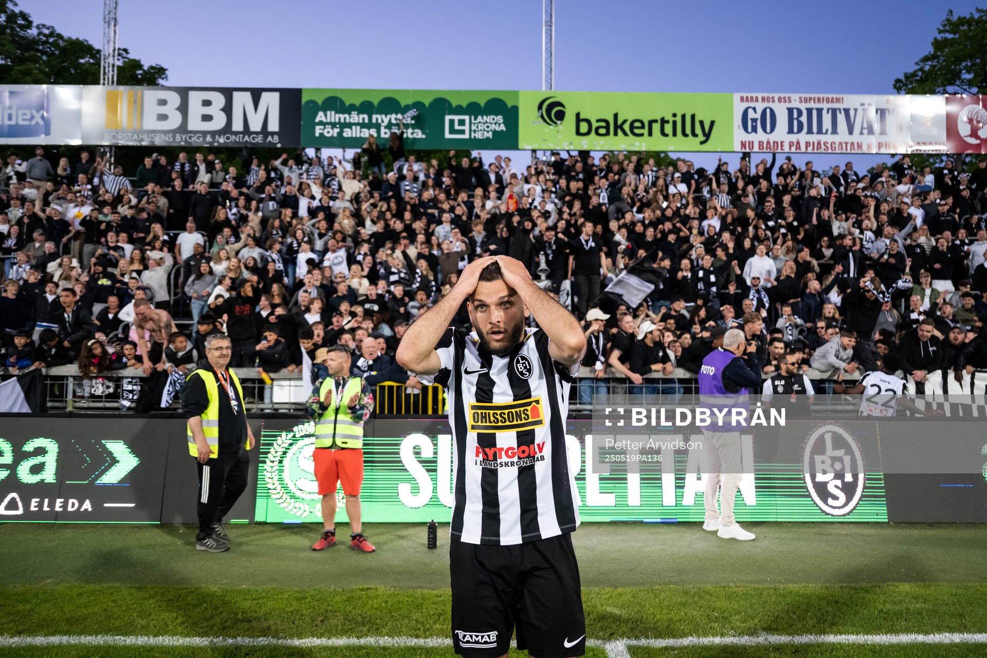 Landskronas Edi Sylisufaj jublar efter fotbollsmatchen i Superettan mellan Landskrona och Helsingborg den 19 maj 2025 i Landskrona. 