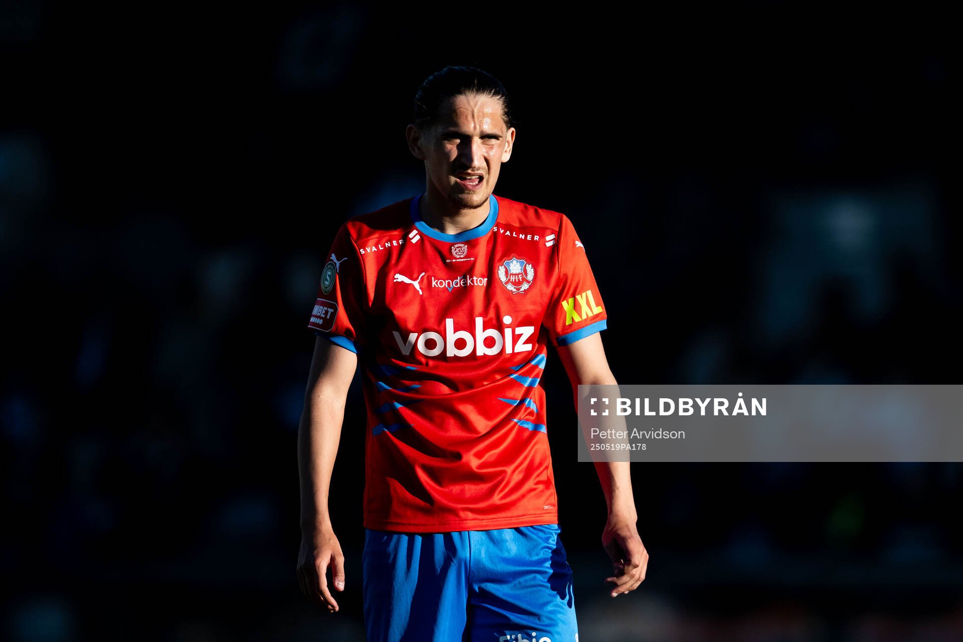 Helsingborgs Ervin Gigovic under fotbollsmatchen i Superettan mellan Landskrona och Helsingborg den 19 maj 2025 i Landskrona. 