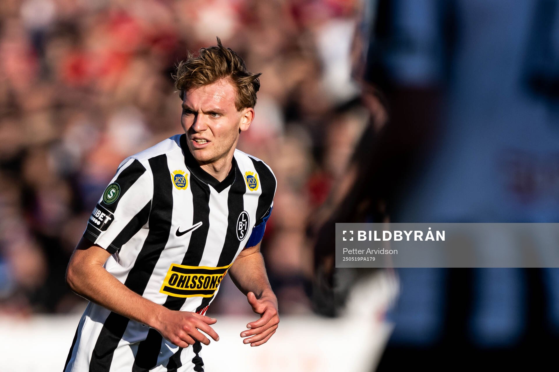 Landskronas Melker Jonsson under fotbollsmatchen i Superettan mellan Landskrona och Helsingborg den 19 maj 2025 i Landskrona. 