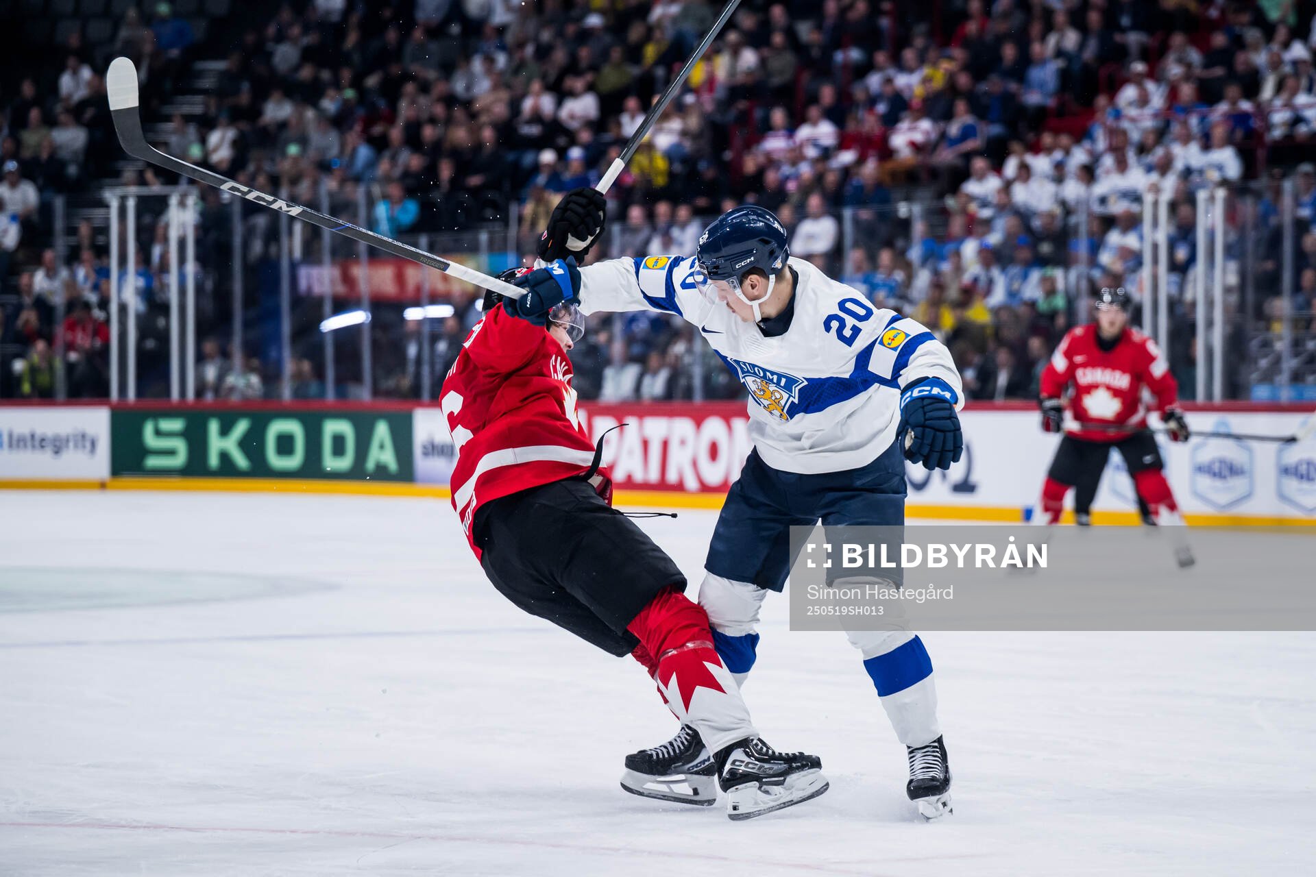 Macklin Celebrini of Canada and Eeli Tolvanen of Finland