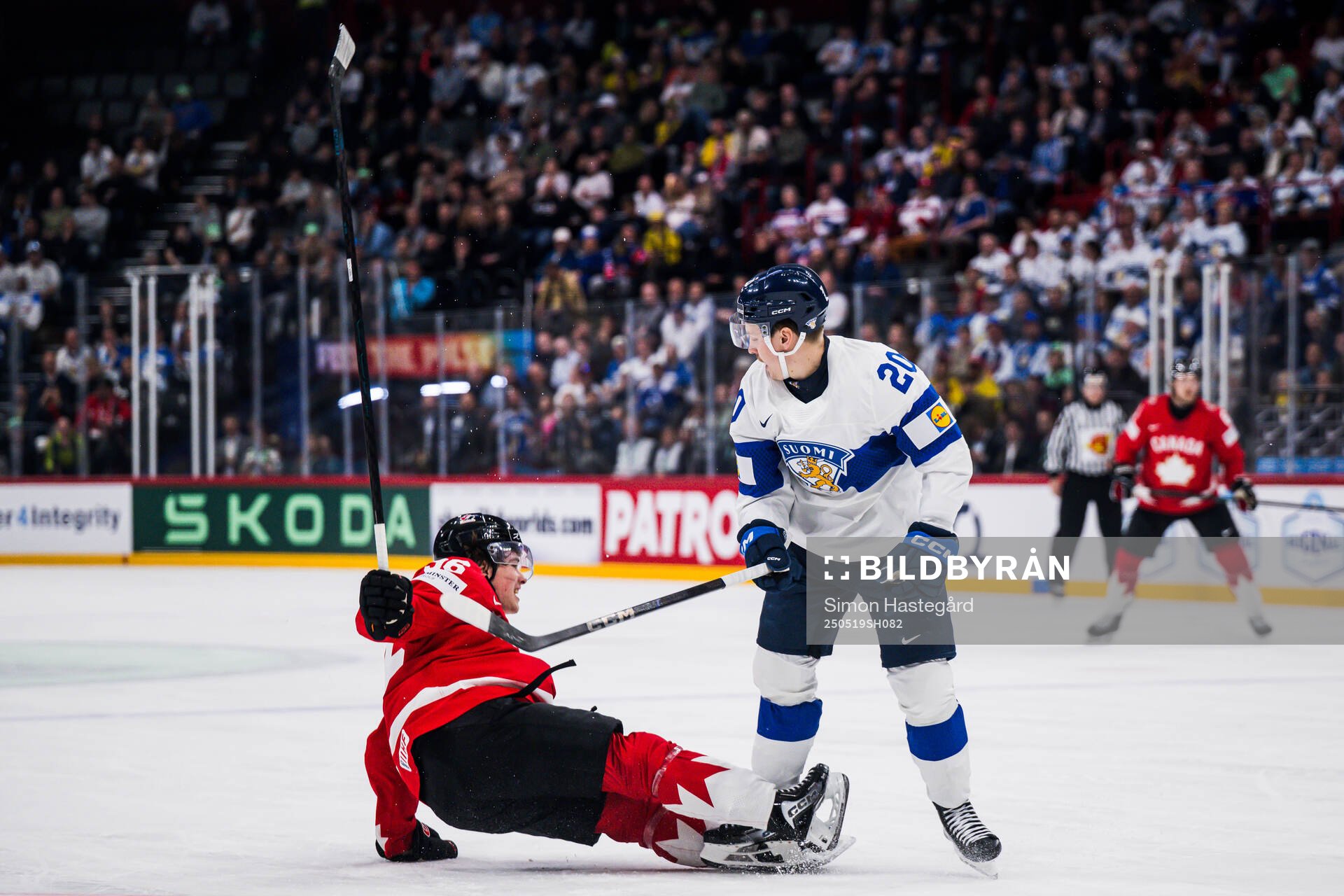 Macklin Celebrini of Canada and Eeli Tolvanen of Finland