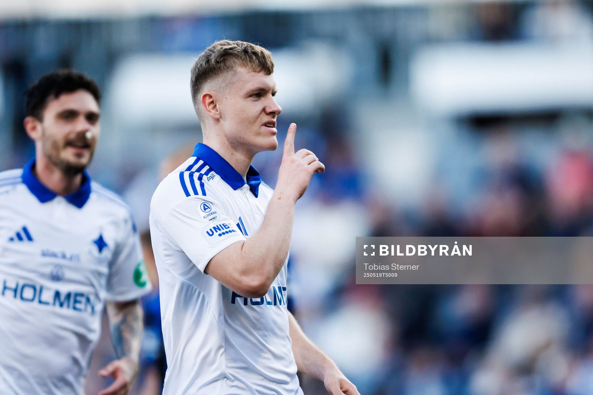 IFK Norrköpings Sebastian Vinther Jørgensen jublar efter 0-1 under fotbollsmatchen i Allsvenskan mellan Sirius och IFK Norrköping den 19 maj 2025 i Uppsala.