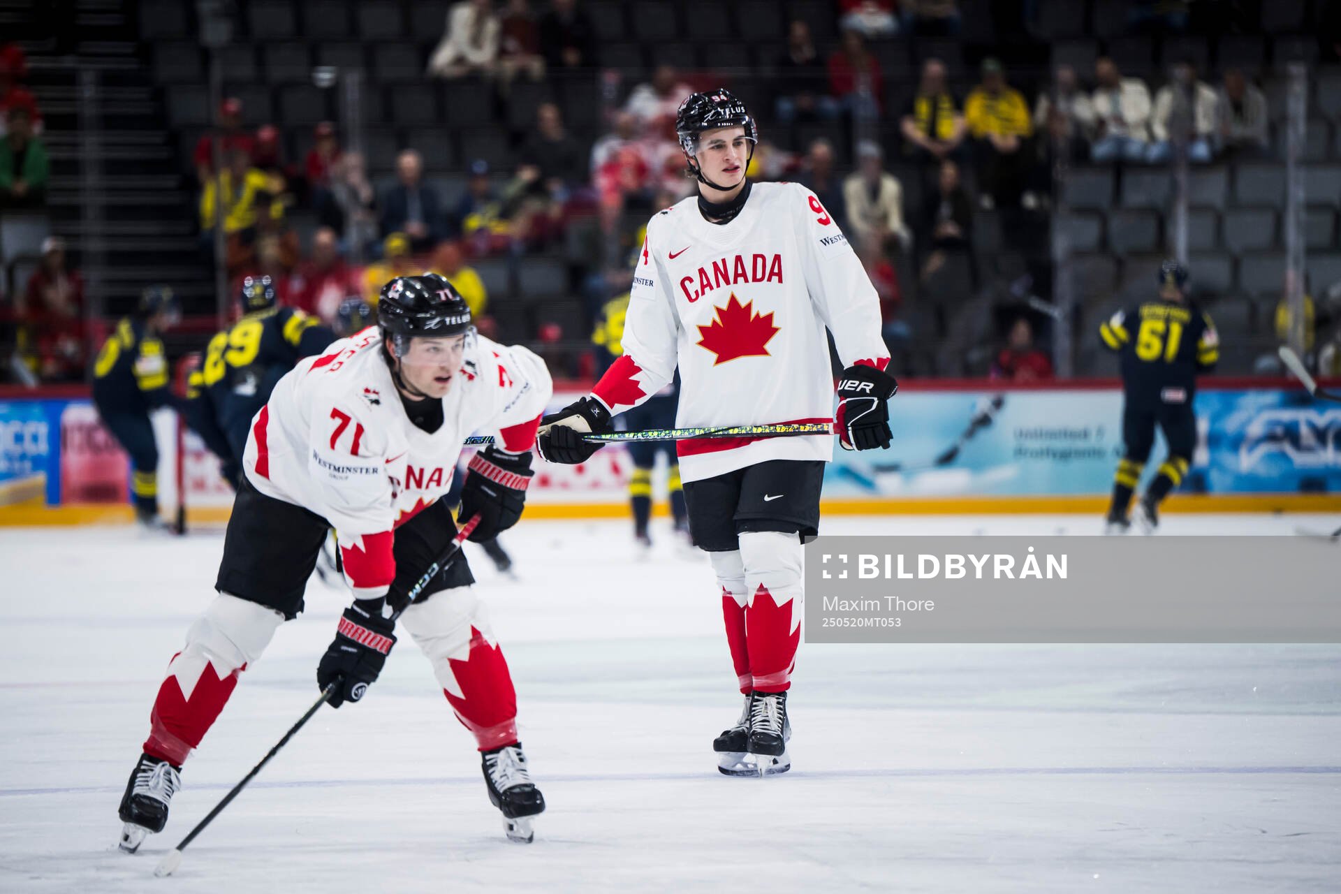 Tyson Foerster and Porter Martone of Canada