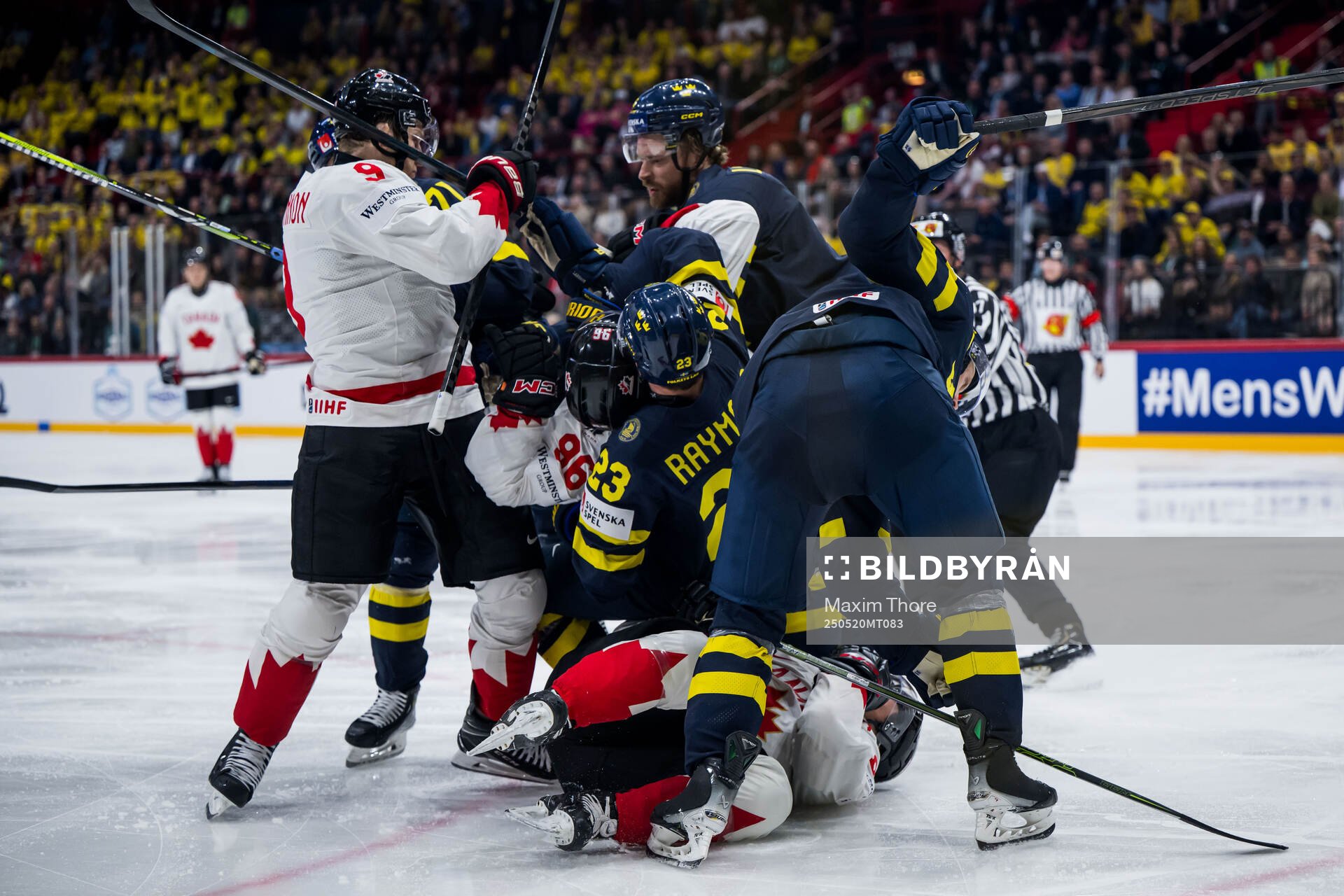 Lucas Raymond and Jonas Brodin of Sweden in a fight with