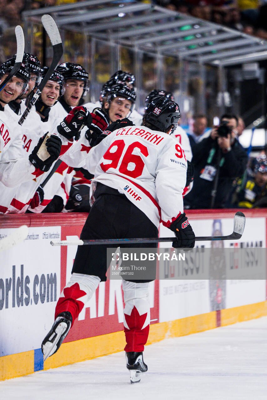 Macklin Celebrini of Canada celebrates the 2-4 goal