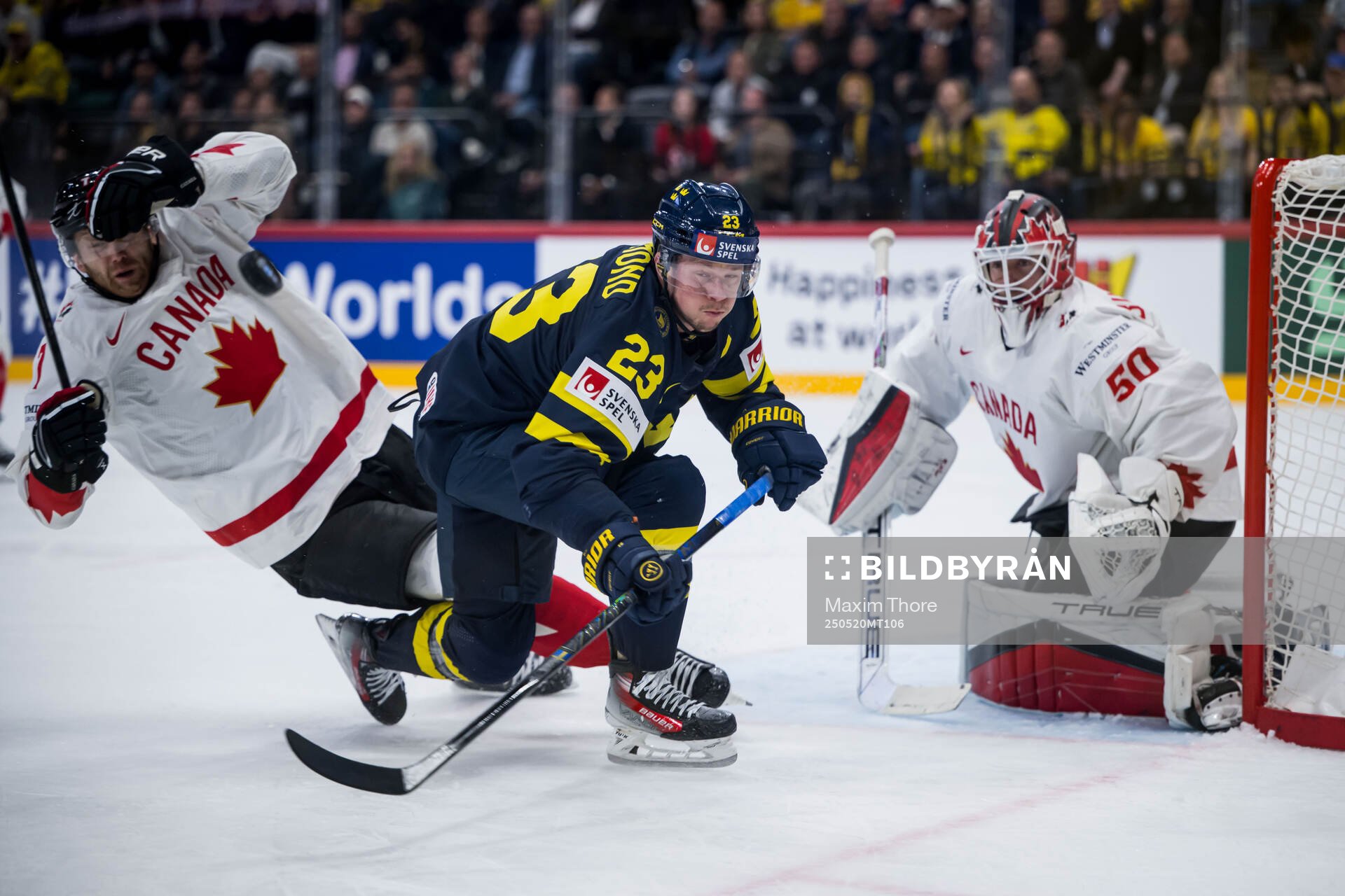 Lucas Raymond of Sweden and goaltender Jordan Binnington of
