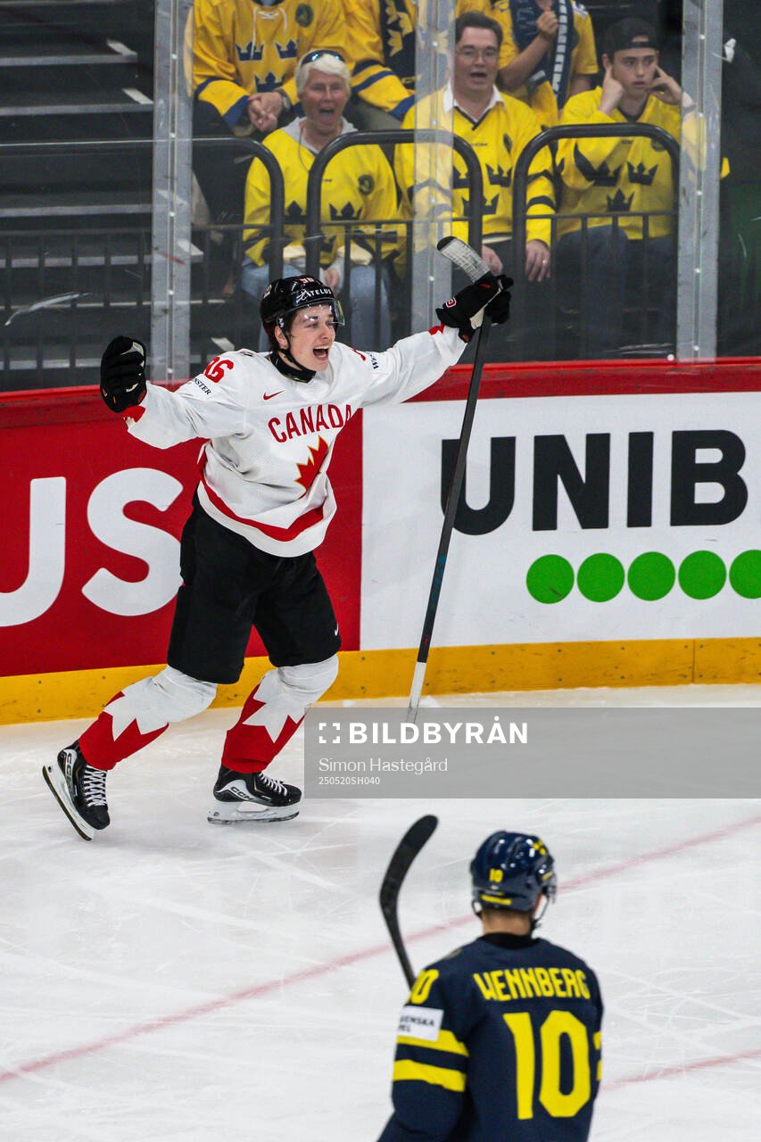 Macklin Celebrini of Canada celebrates the 2-4 goal