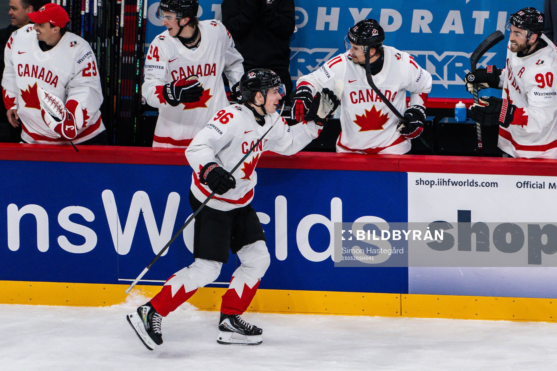 Macklin Celebrini of Canada celebrates the 2-4 goal