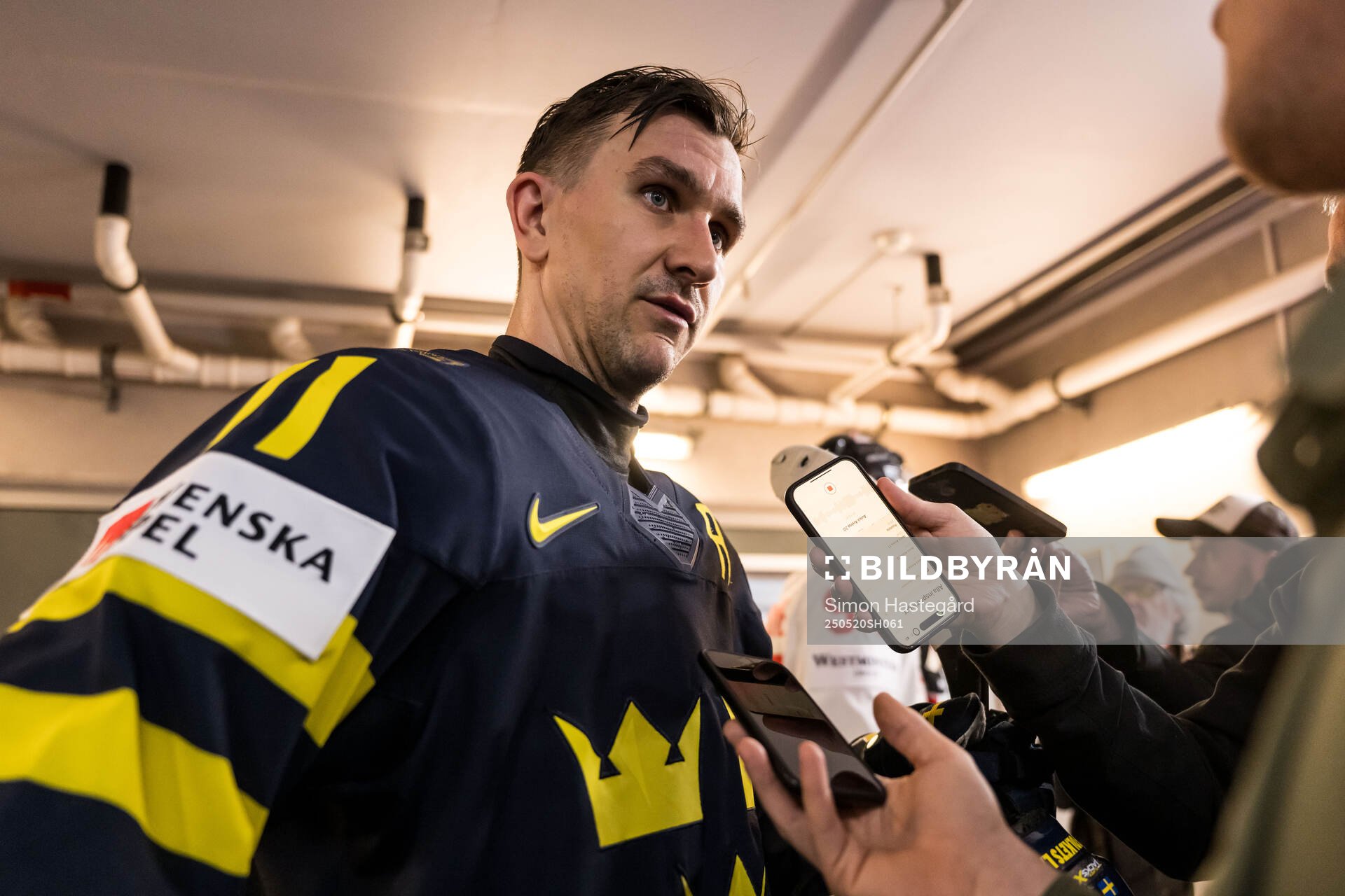 Mikael Backlund of Sweden in mixed zone