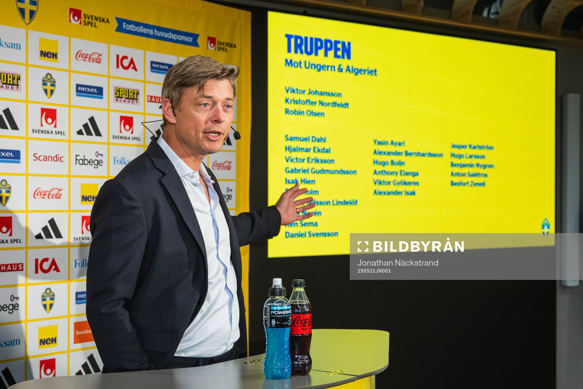 Jon Dahl Tomasson, head coach of the Swedish men's national football team during a press conference on May 21, 2025 in Stockholm. 