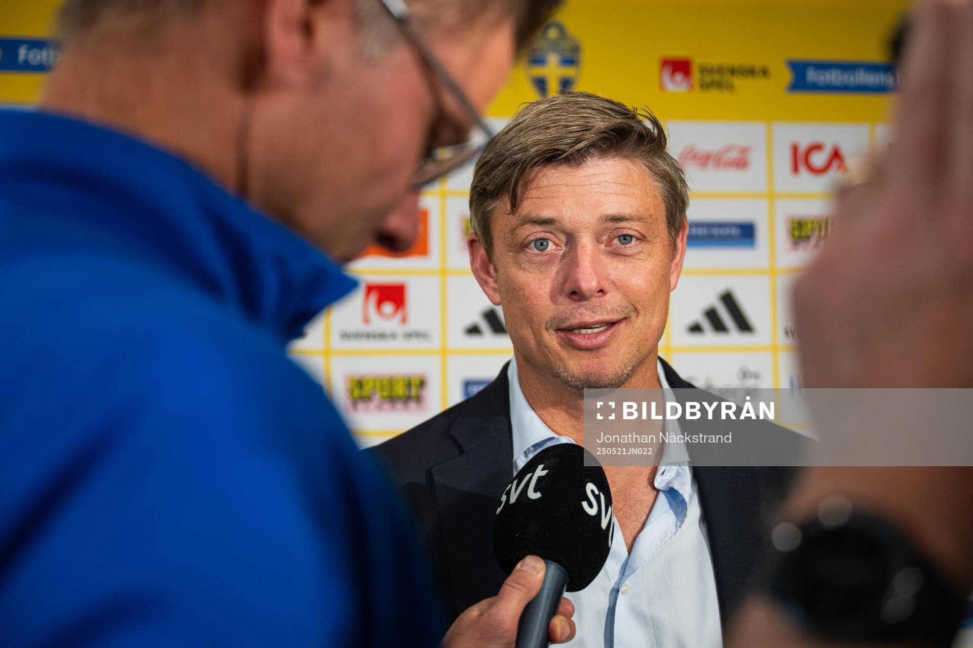 Jon Dahl Tomasson, head coach of the Swedish men's national football team during a press conference on May 21, 2025 in Stockholm. 