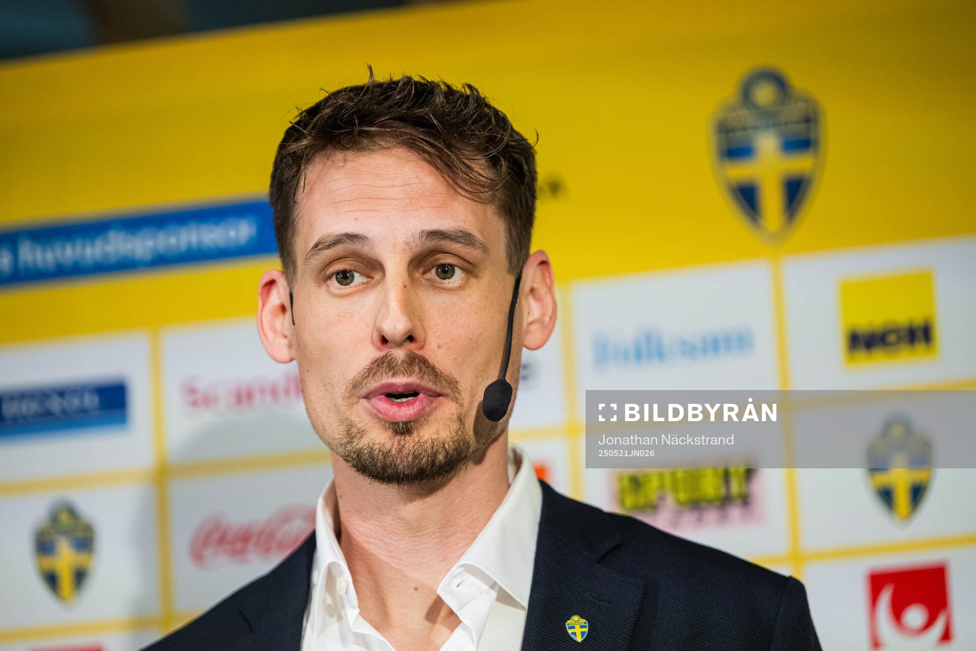 Daniel Bäckström, head coach of the Swedish under-21 national football team during a press conference on May 21, 2025 in Stockholm. 