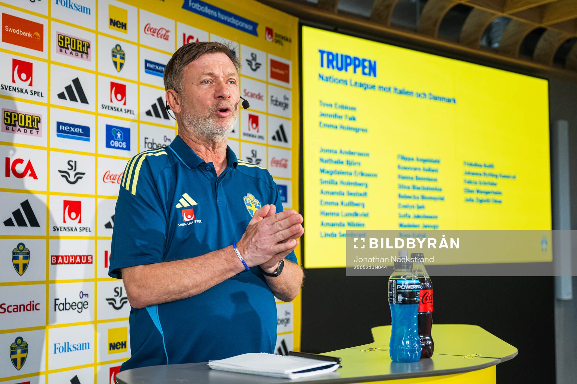 Head coach Peter Gerhardsson of the Swedish women's national football team at a press conference on May 21, 2025 in Stockholm. 