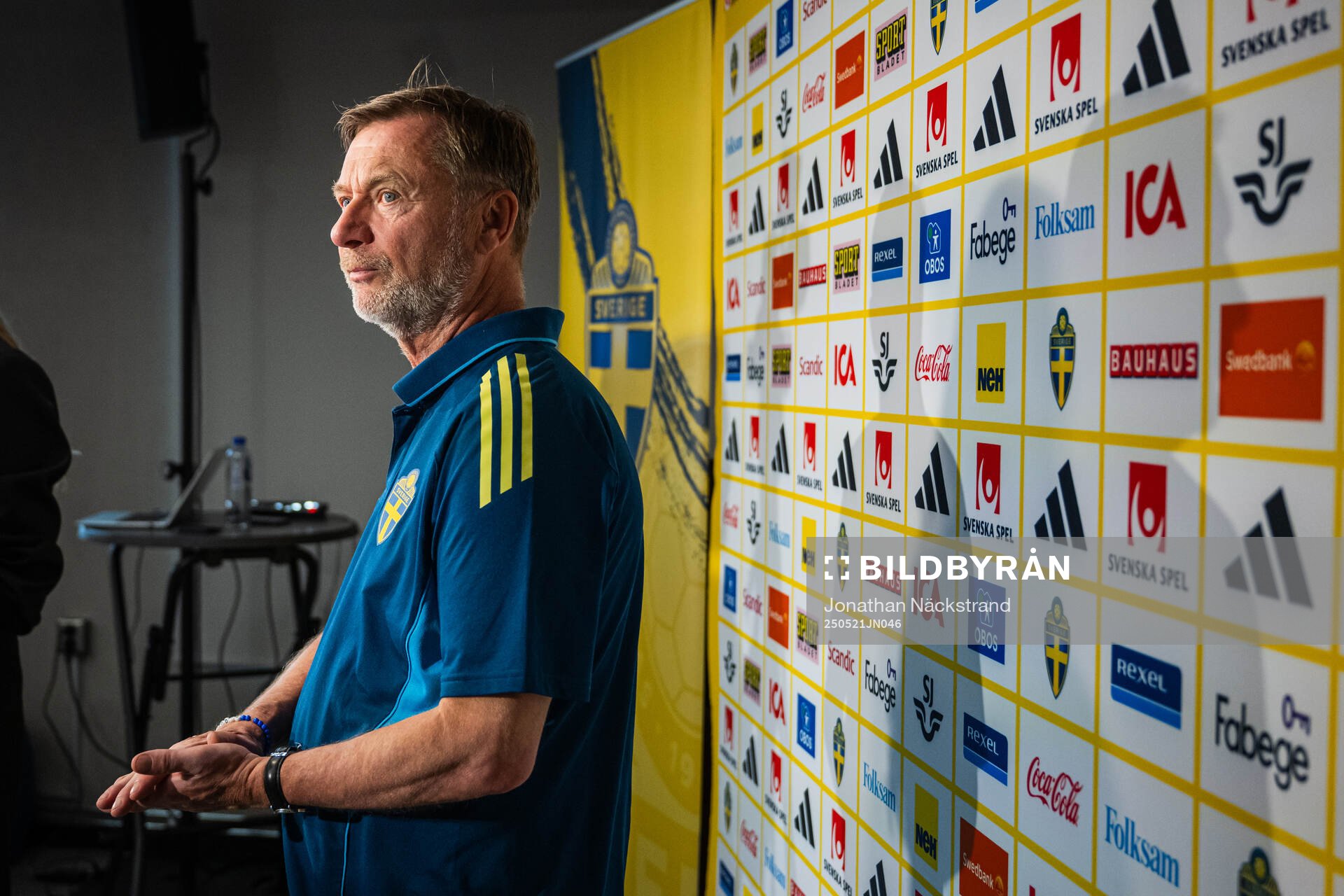 Head coach Peter Gerhardsson of the Swedish women's national football team at a press conference on May 21, 2025 in Stockholm. 