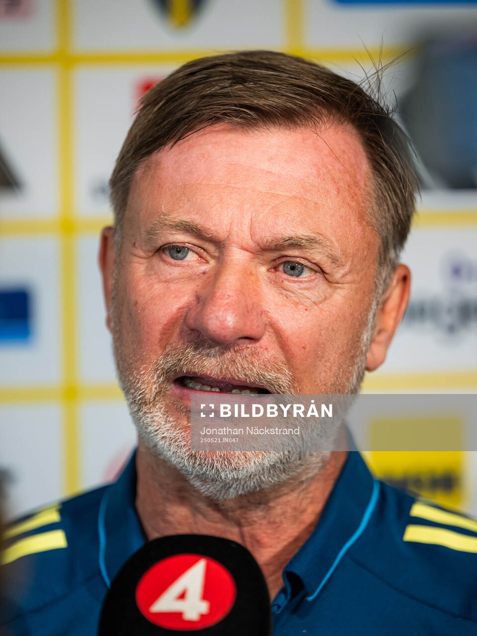 Head coach Peter Gerhardsson of the Swedish women's national football team at a press conference on May 21, 2025 in Stockholm. 