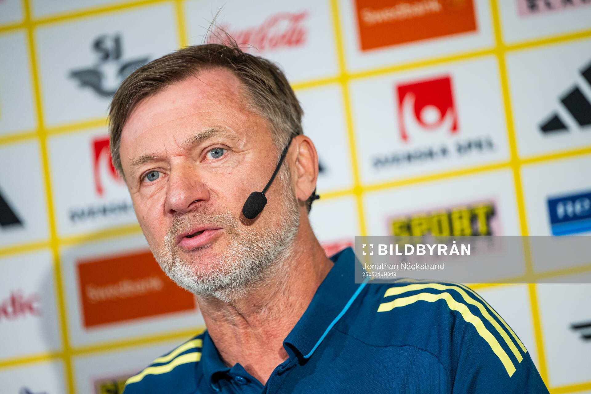 Head coach Peter Gerhardsson of the Swedish women's national football team at a press conference on May 21, 2025 in Stockholm. 