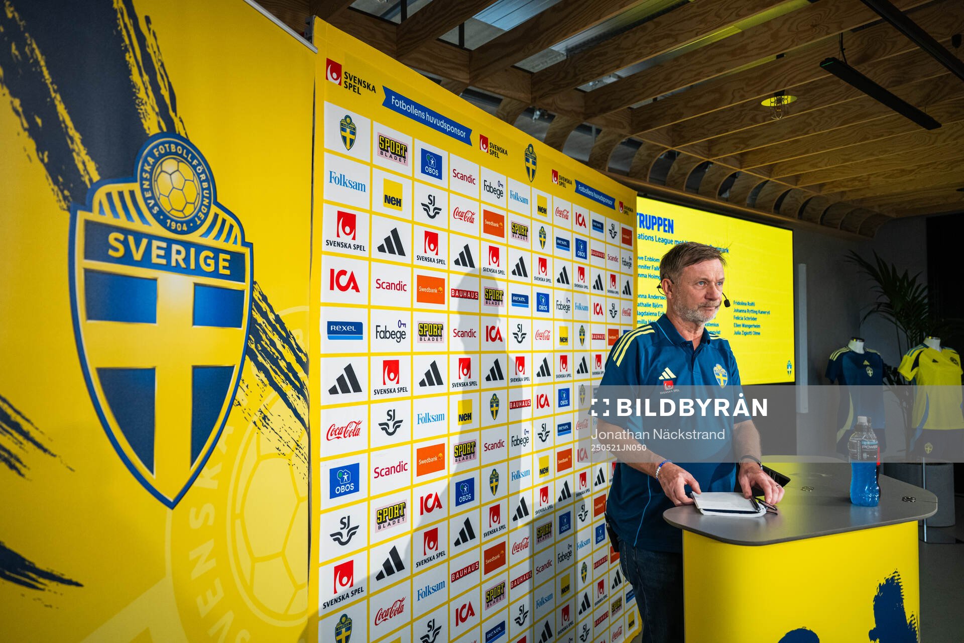 Head coach Peter Gerhardsson of the Swedish women's national football team at a press conference on May 21, 2025 in Stockholm. 