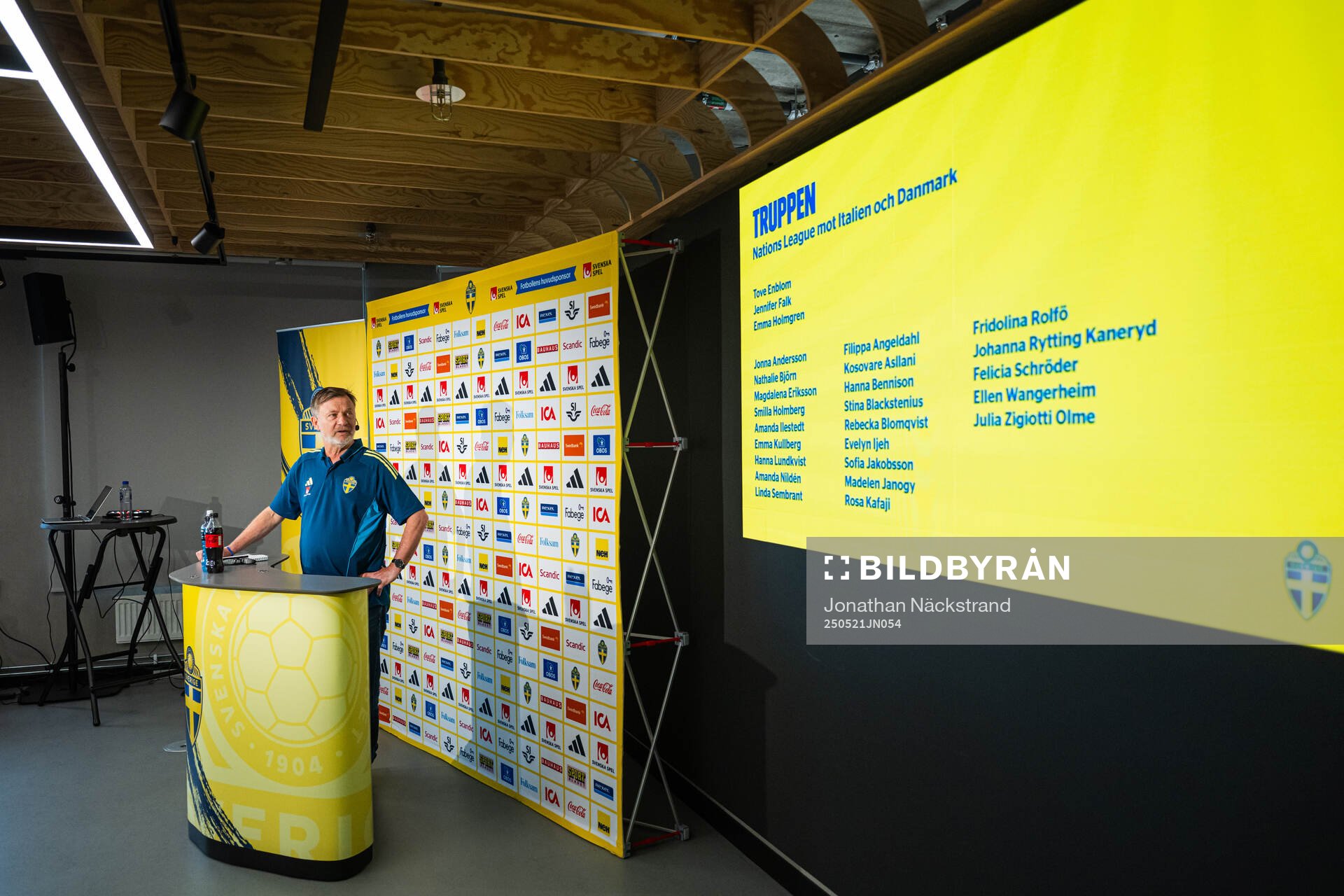 Head coach Peter Gerhardsson of the Swedish women's national football team at a press conference on May 21, 2025 in Stockholm. 
