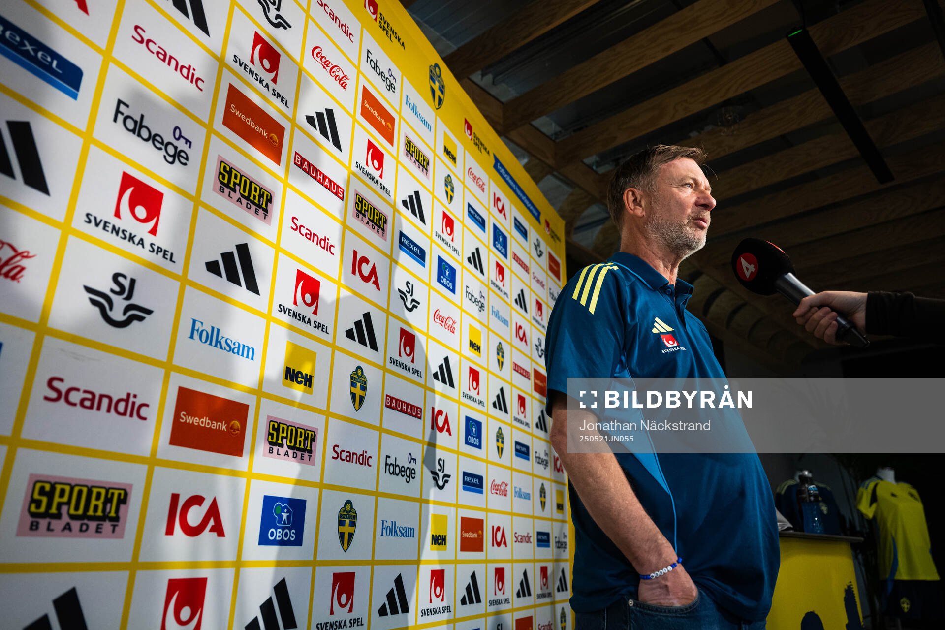Head coach Peter Gerhardsson of the Swedish women's national football team at a press conference on May 21, 2025 in Stockholm. 