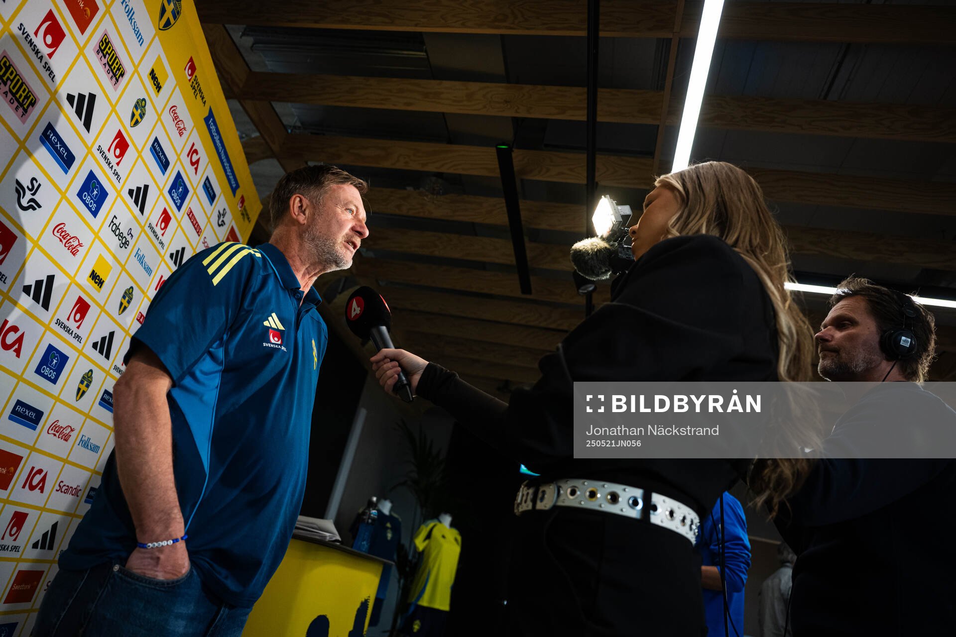 Head coach Peter Gerhardsson of the Swedish women's national football team at a press conference on May 21, 2025 in Stockholm. 