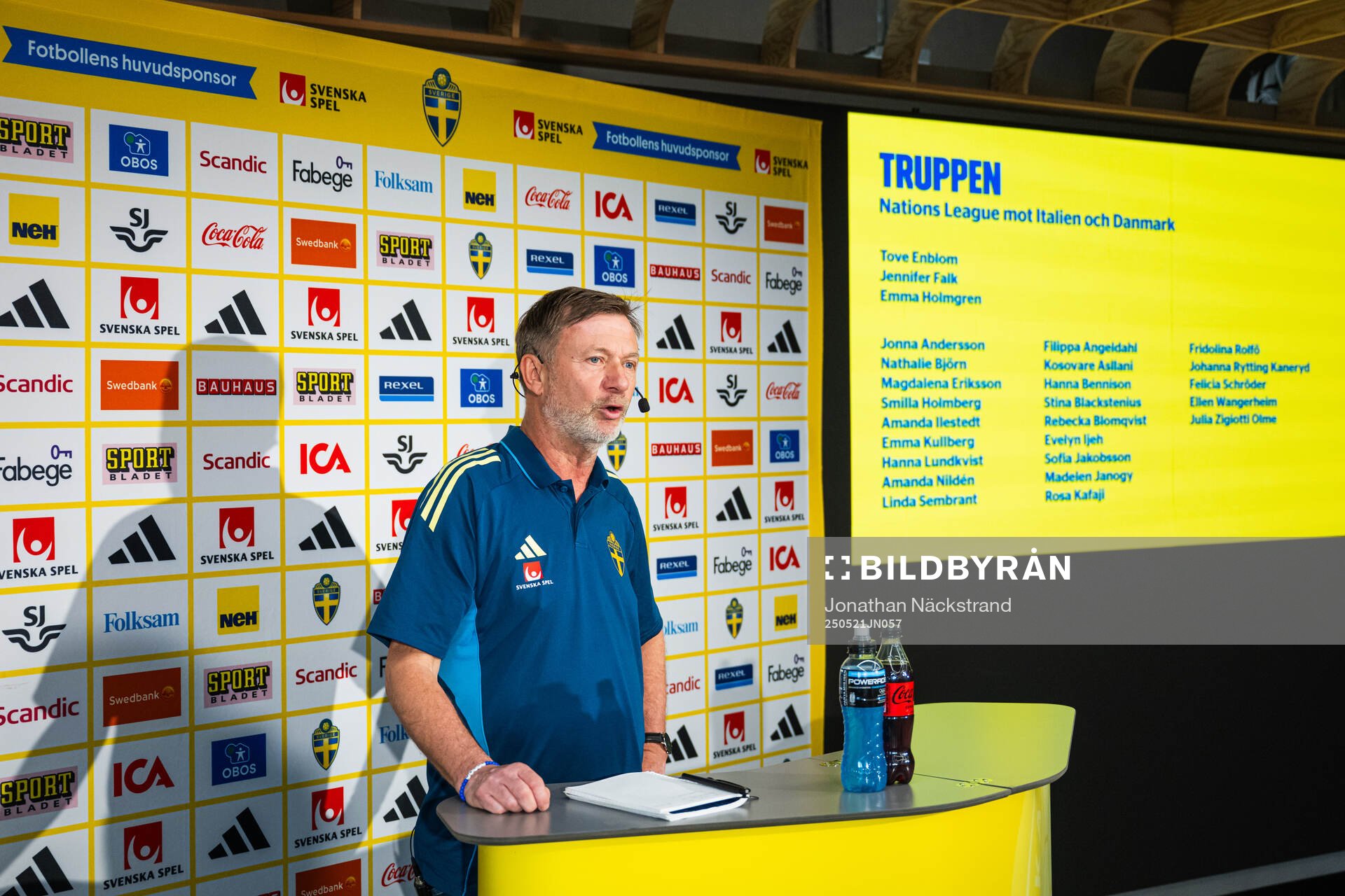 Head coach Peter Gerhardsson of the Swedish women's national football team at a press conference on May 21, 2025 in Stockholm. 