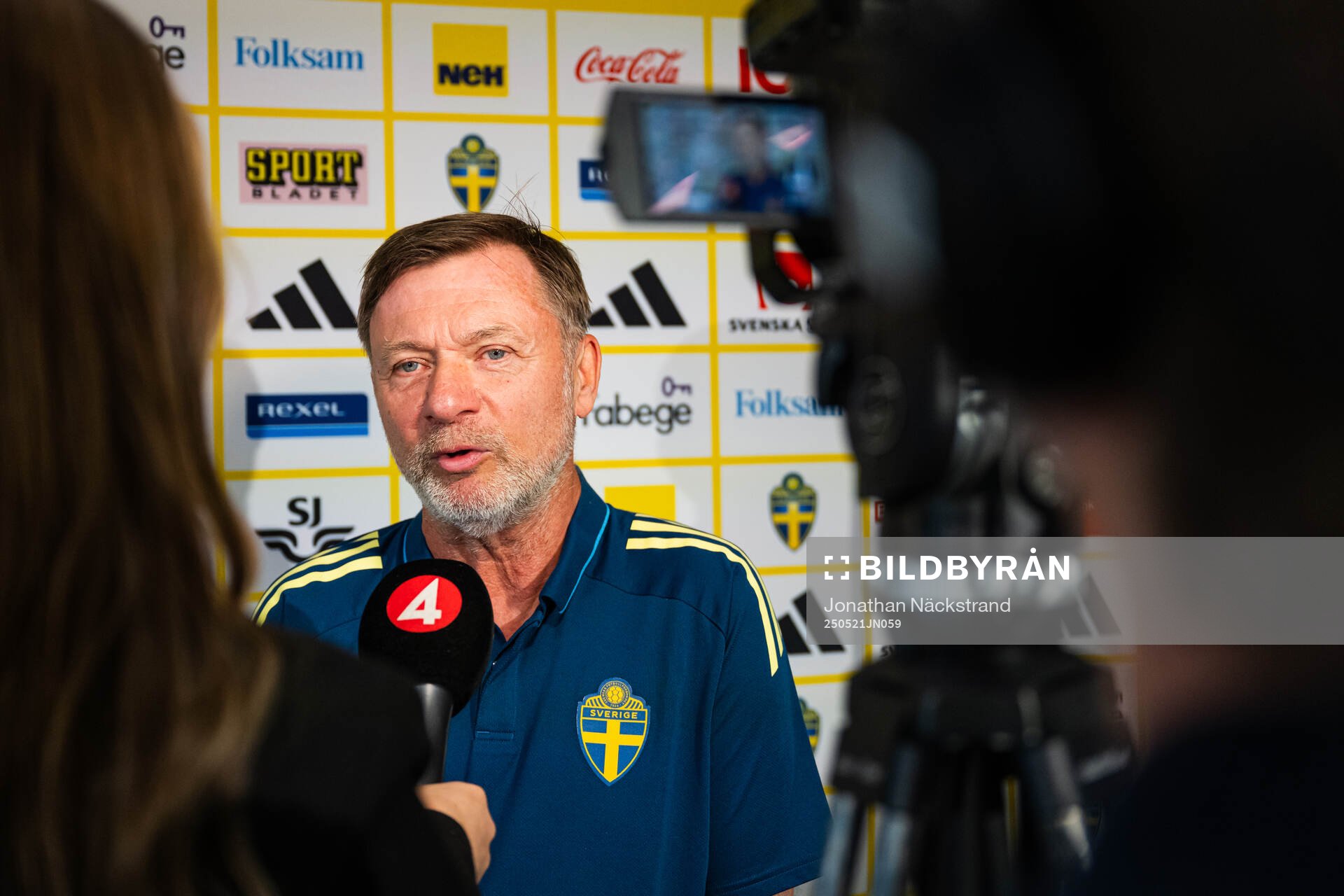 Head coach Peter Gerhardsson of the Swedish women's national football team at a press conference on May 21, 2025 in Stockholm. 