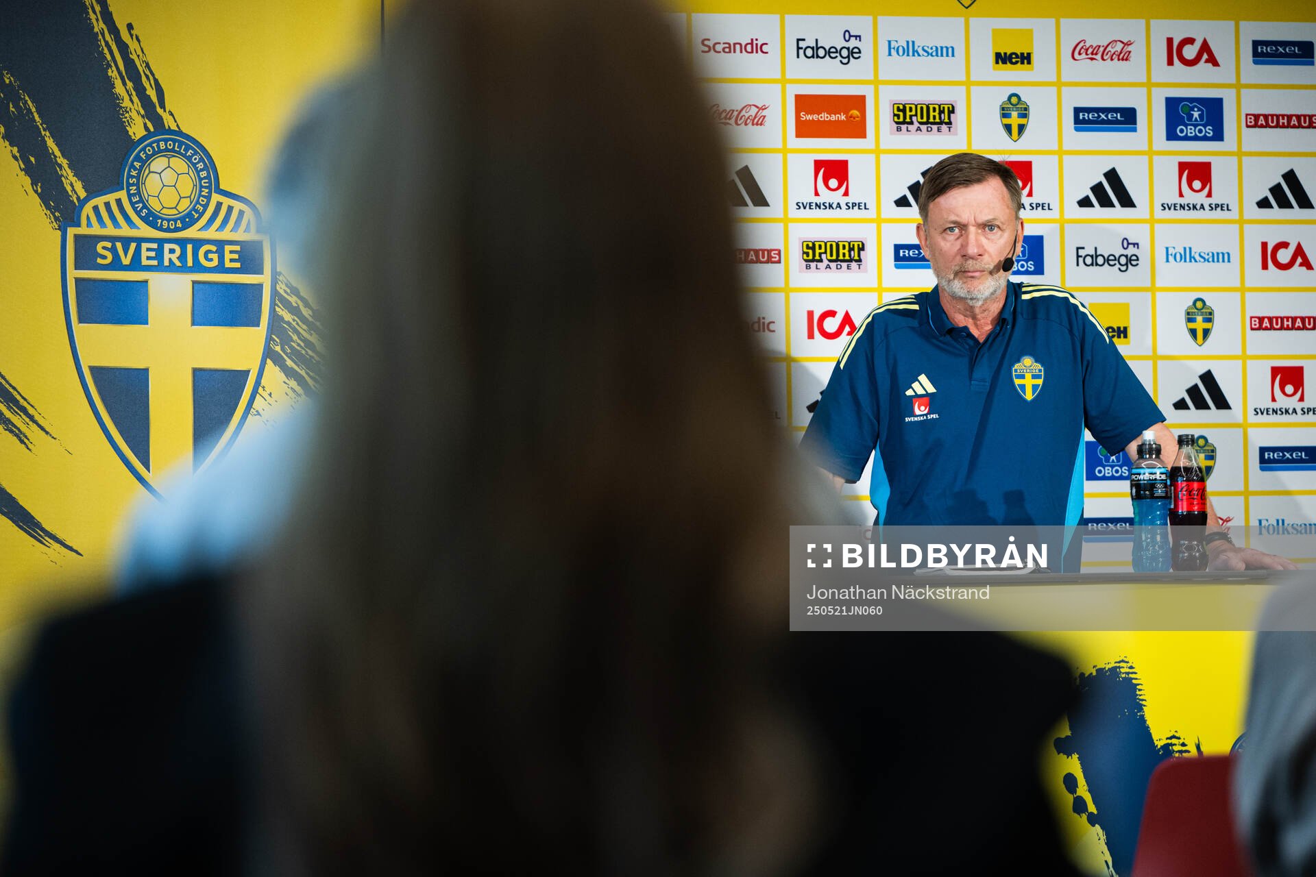 Head coach Peter Gerhardsson of the Swedish women's national football team at a press conference on May 21, 2025 in Stockholm. 