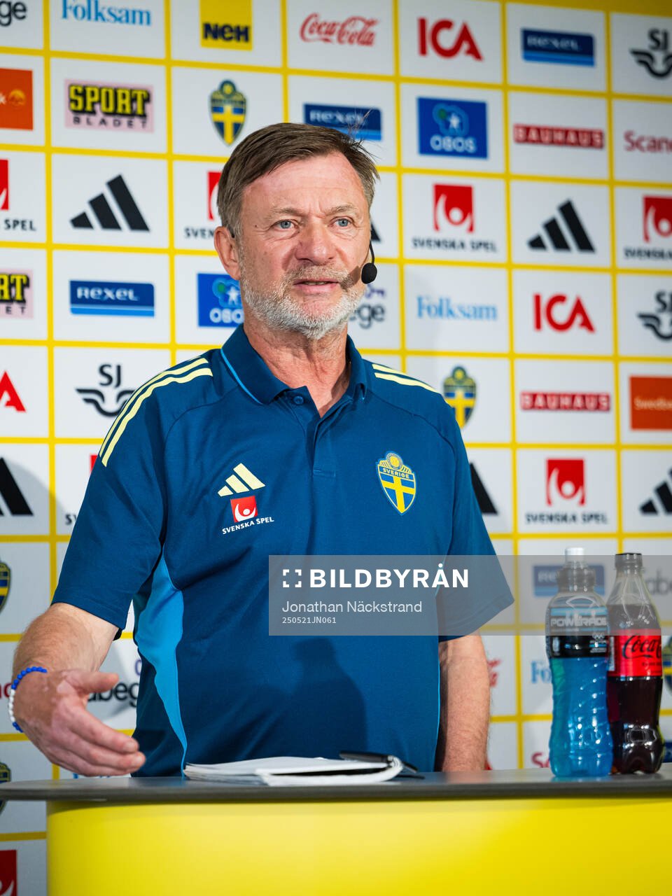 Head coach Peter Gerhardsson of the Swedish women's national football team at a press conference on May 21, 2025 in Stockholm. 