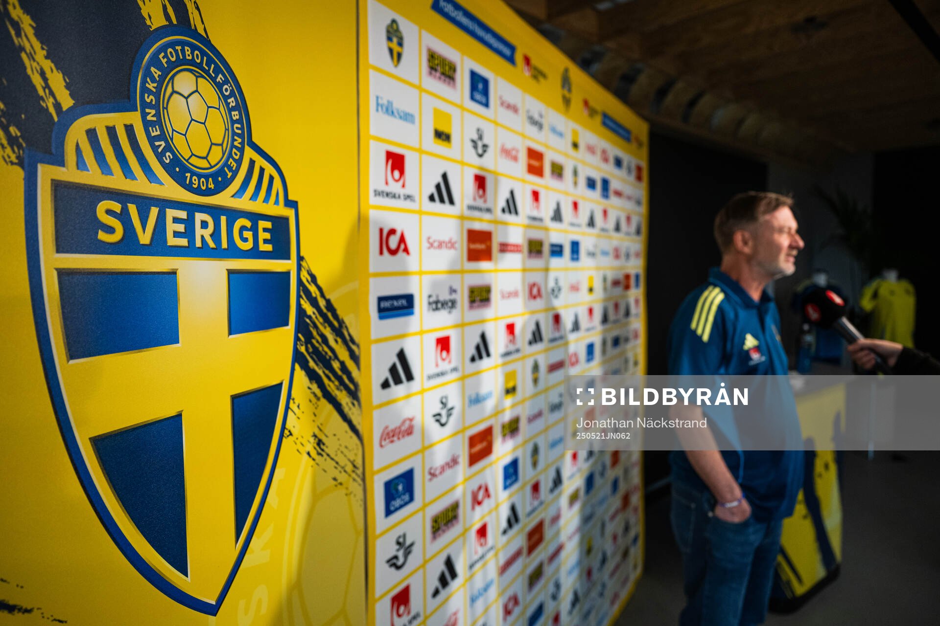 Head coach Peter Gerhardsson of the Swedish women's national football team at a press conference on May 21, 2025 in Stockholm. 